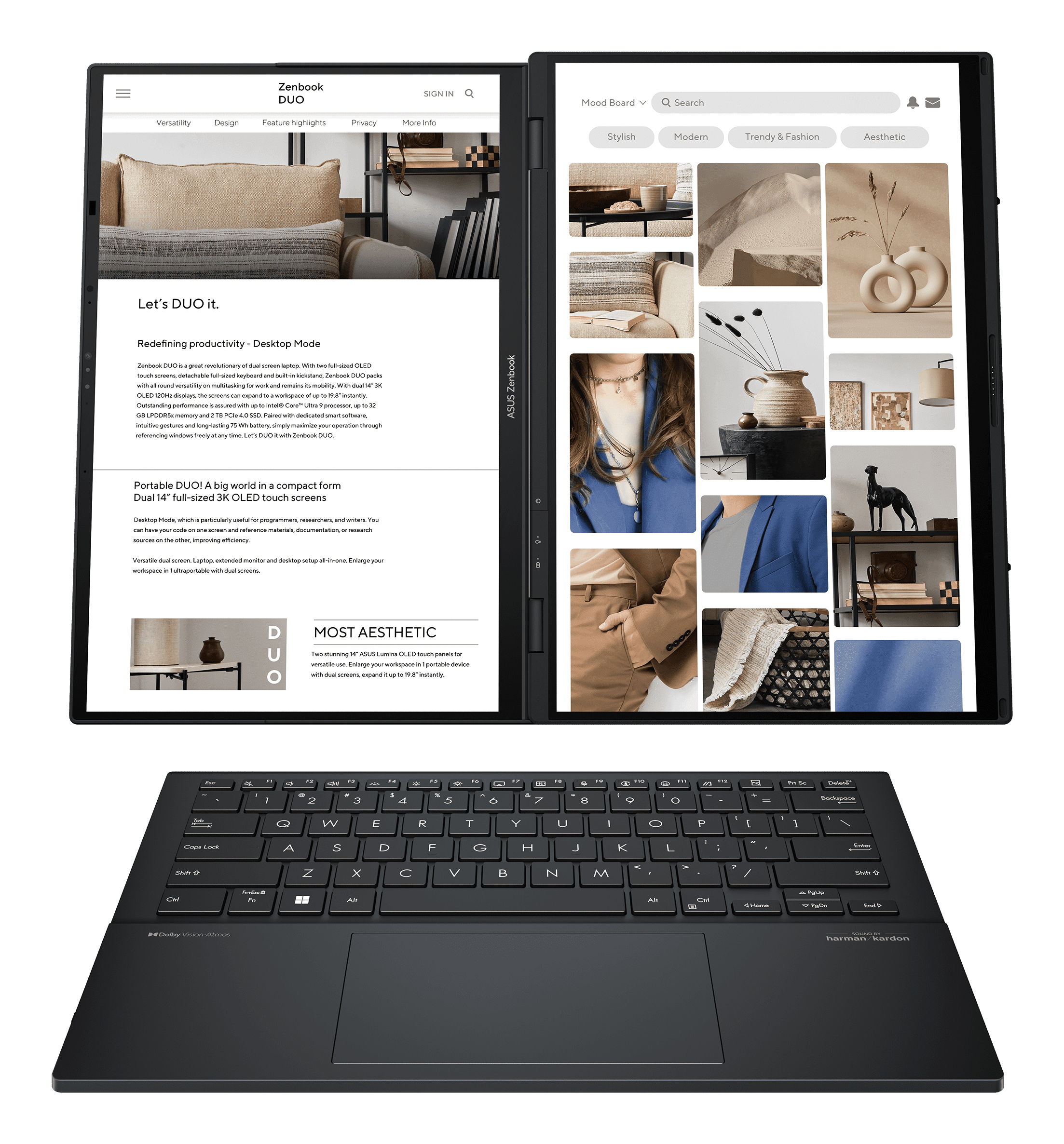 Un laptop ASUS Zenbook Duo nero con doppio schermo OLED e tastiera.