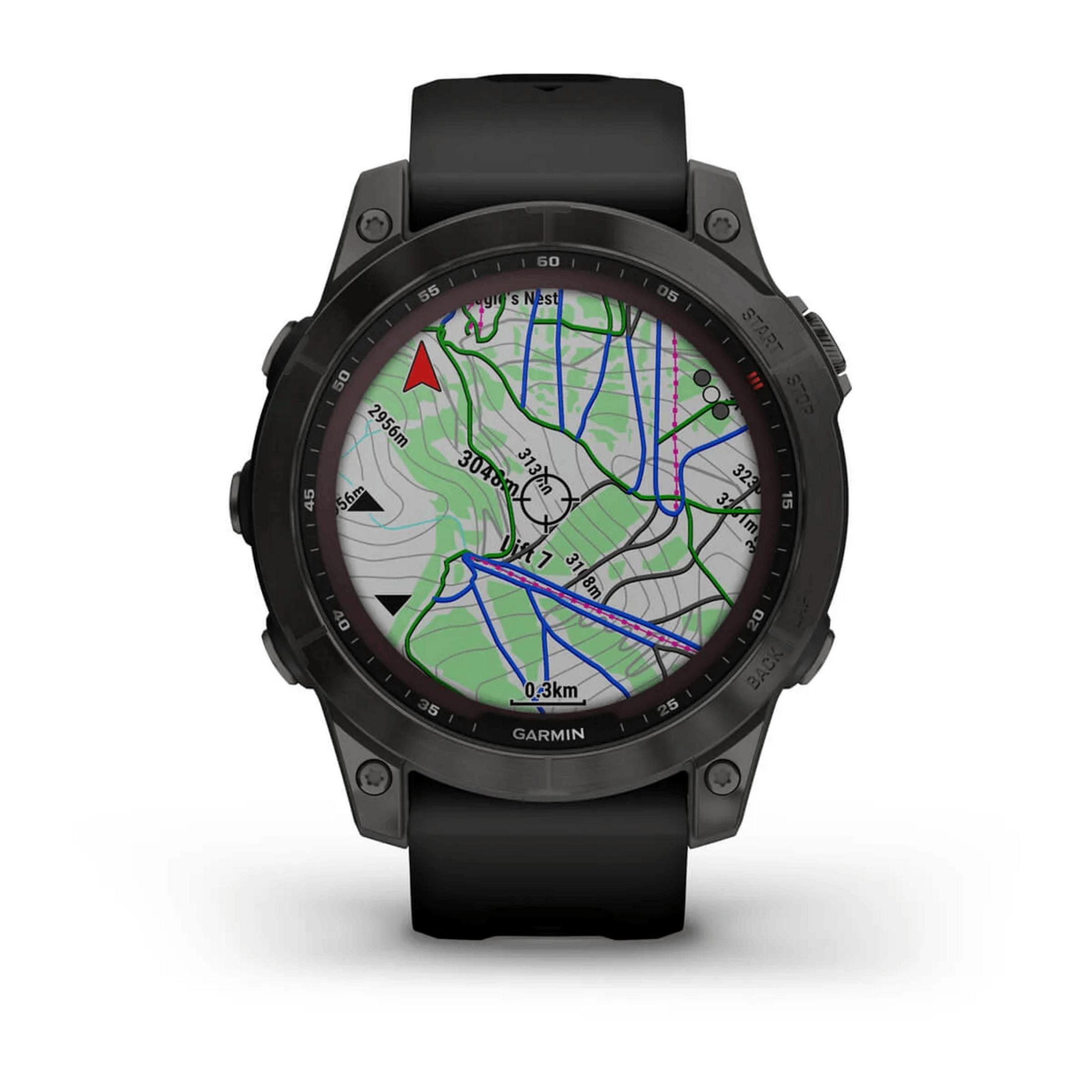 Schwarze Smartwatch mit Karte, Höhenangaben und Kompass auf dem Display.