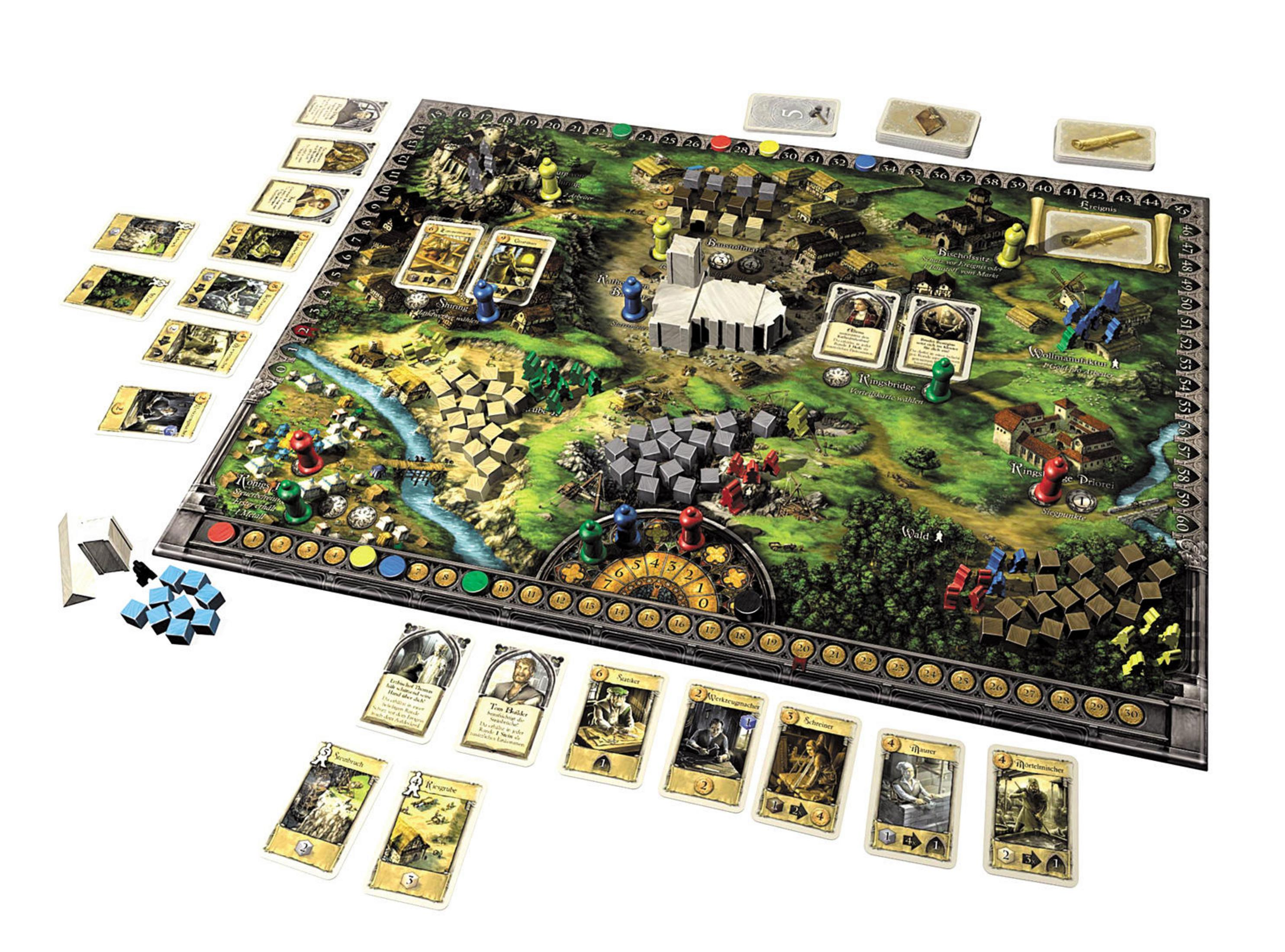 Brettspiel mit Karte und Spielfiguren auf dem Tisch, mittelalterliche Stadt.