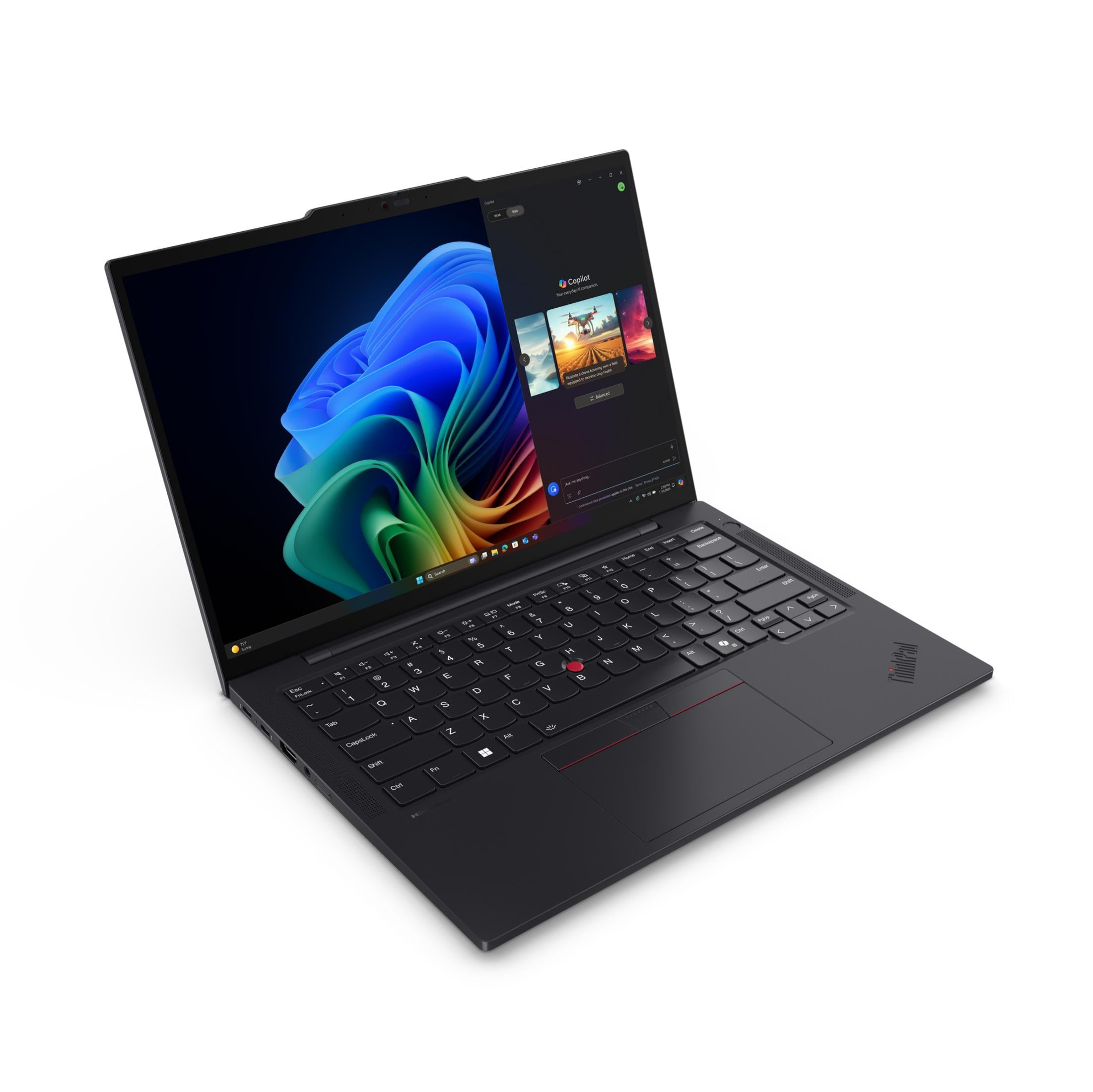Ein schwarzer Laptop ist geöffnet und zeigt einen bunten abstrakten Hintergrund und die Copilot KI-Oberfläche.