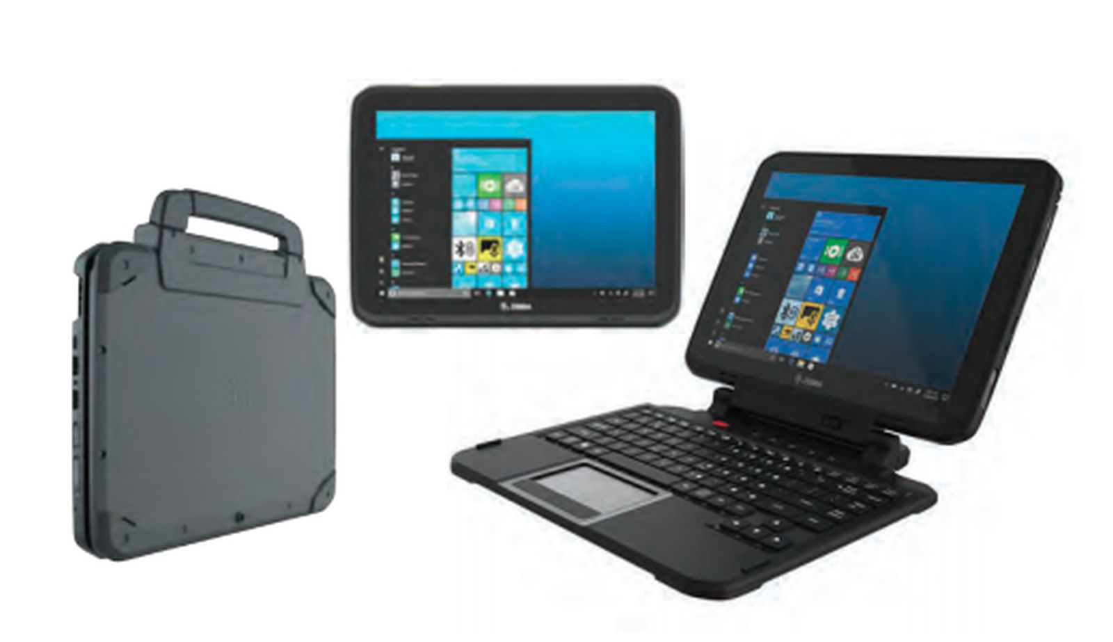 Tre tablet robusti: uno chiuso, uno aperto con tastiera, uno come tablet.