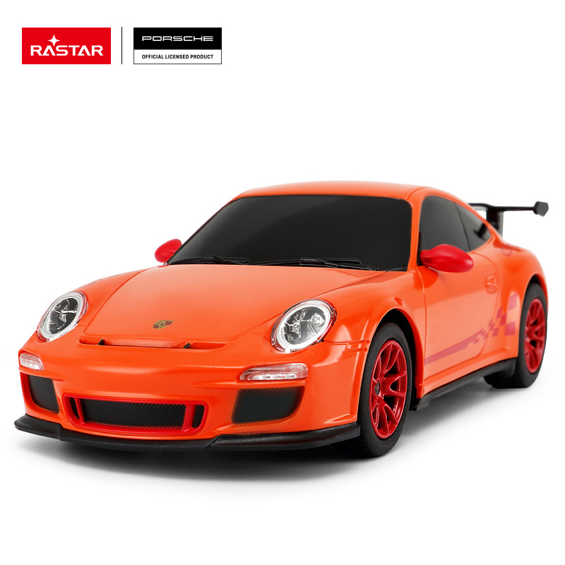 Pomarańczowy samochodzik Porsche z czerwonymi akcentami na białym tle.