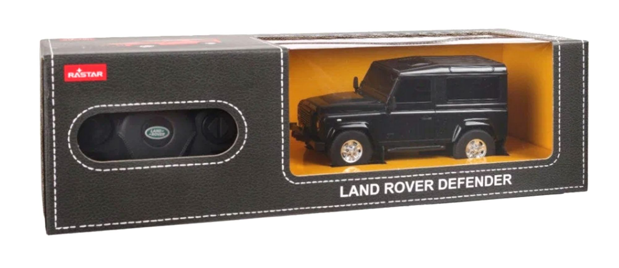 Czarny Land Rover Defender zabawkowy samochód w pudełku z pilotem.