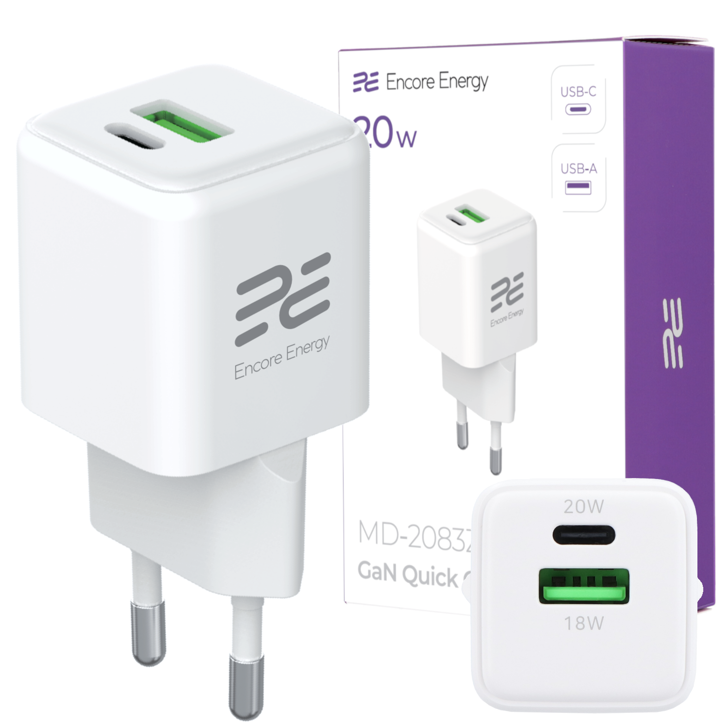 Biała ładowarka USB-C z dwoma portami i fioletowym pudełkiem.