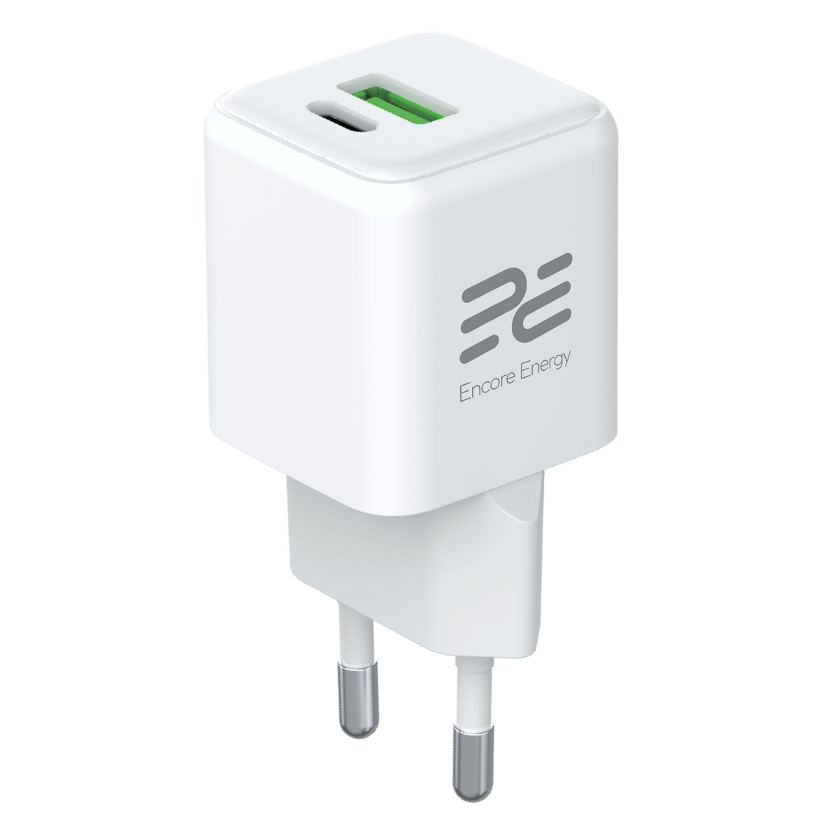 Biała ładowarka USB z dwoma portami, zielonym USB-A i czarnym USB-C.