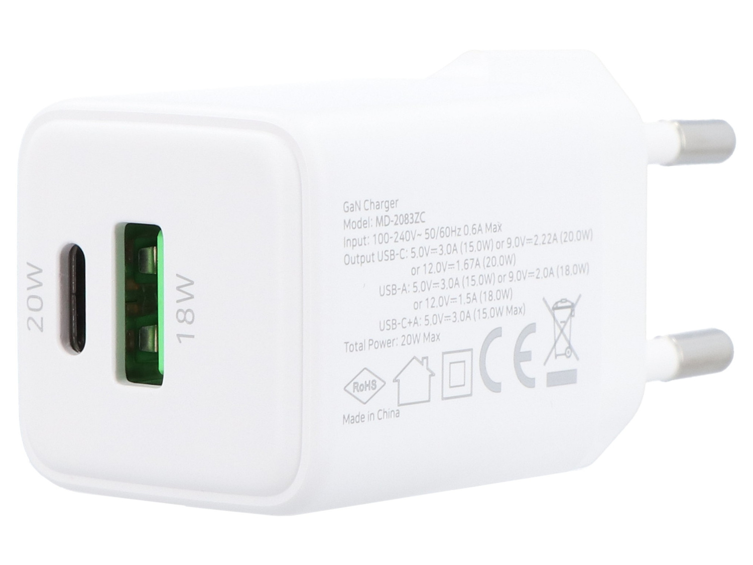 Biała ładowarka GaN z portami USB-C i USB-A oraz wtyczką europejską.