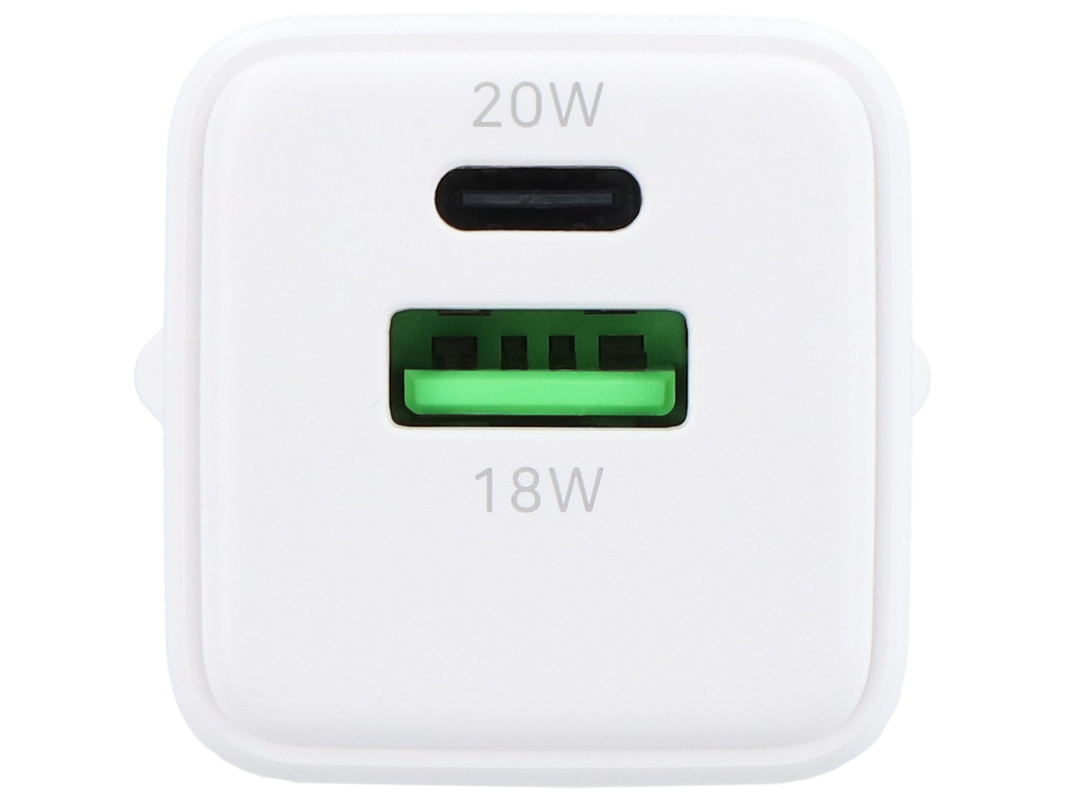 Biała ładowarka z portami USB-C 20W i USB-A 18W.