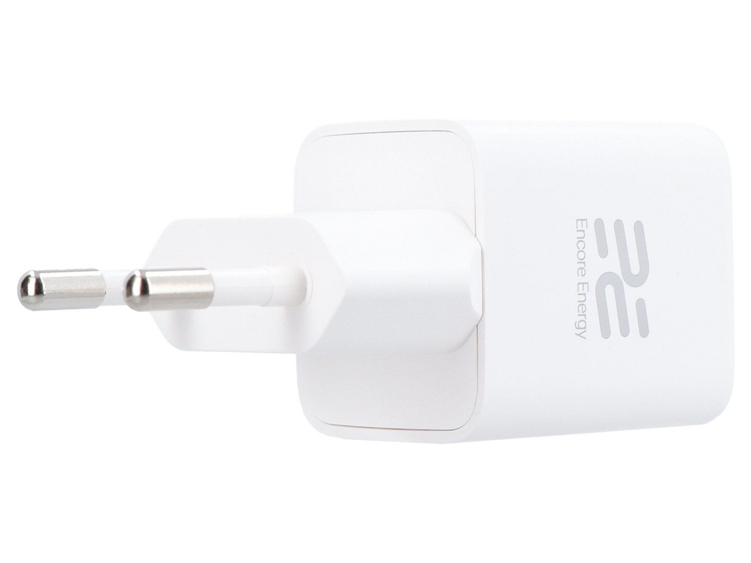 Biała ładowarka USB Encore Energy z dwoma metalowymi bolcami na białym tle.
