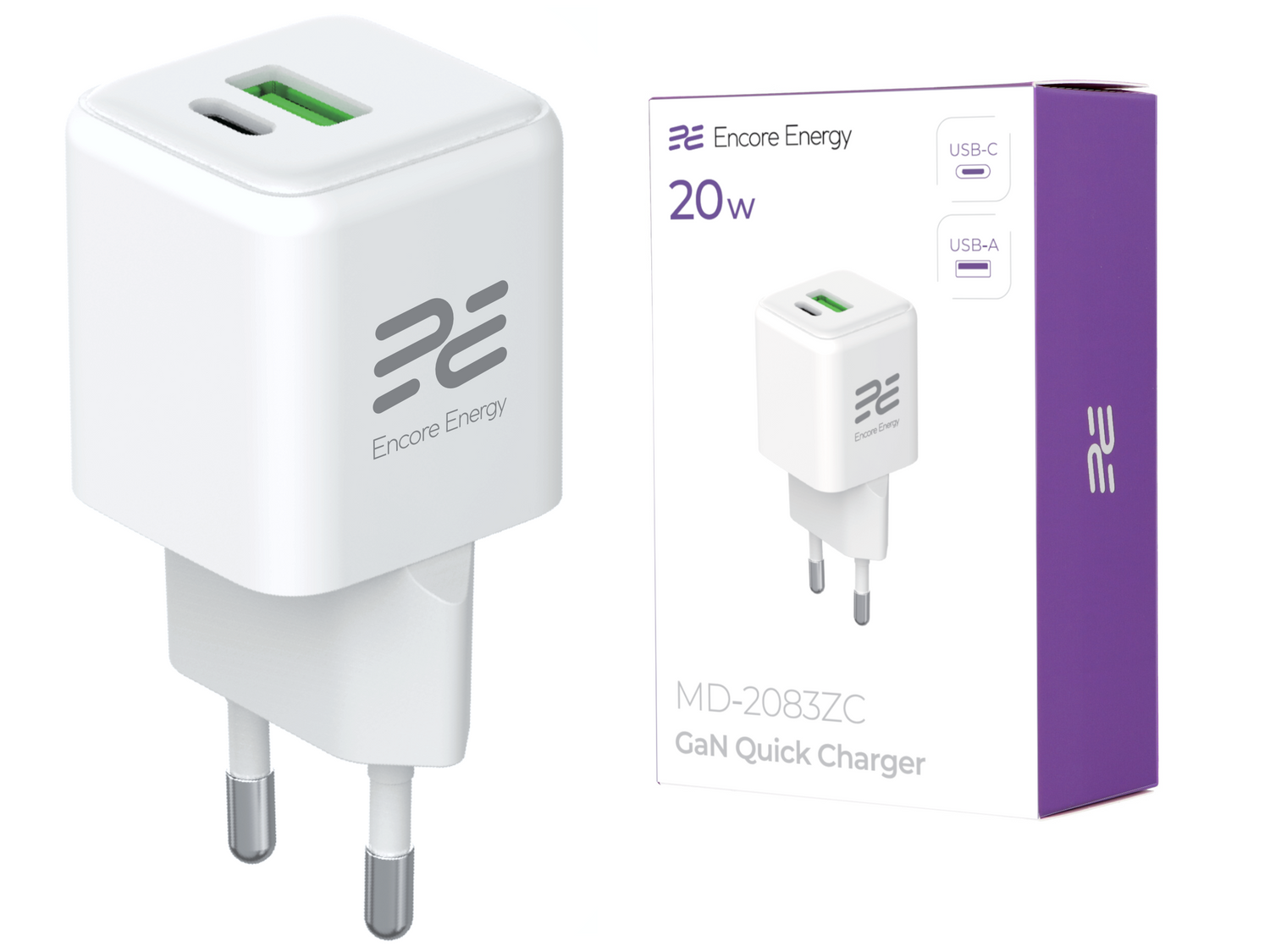 Biała szybka ładowarka GaN 20W Encore Energy z USB-C i USB-A.