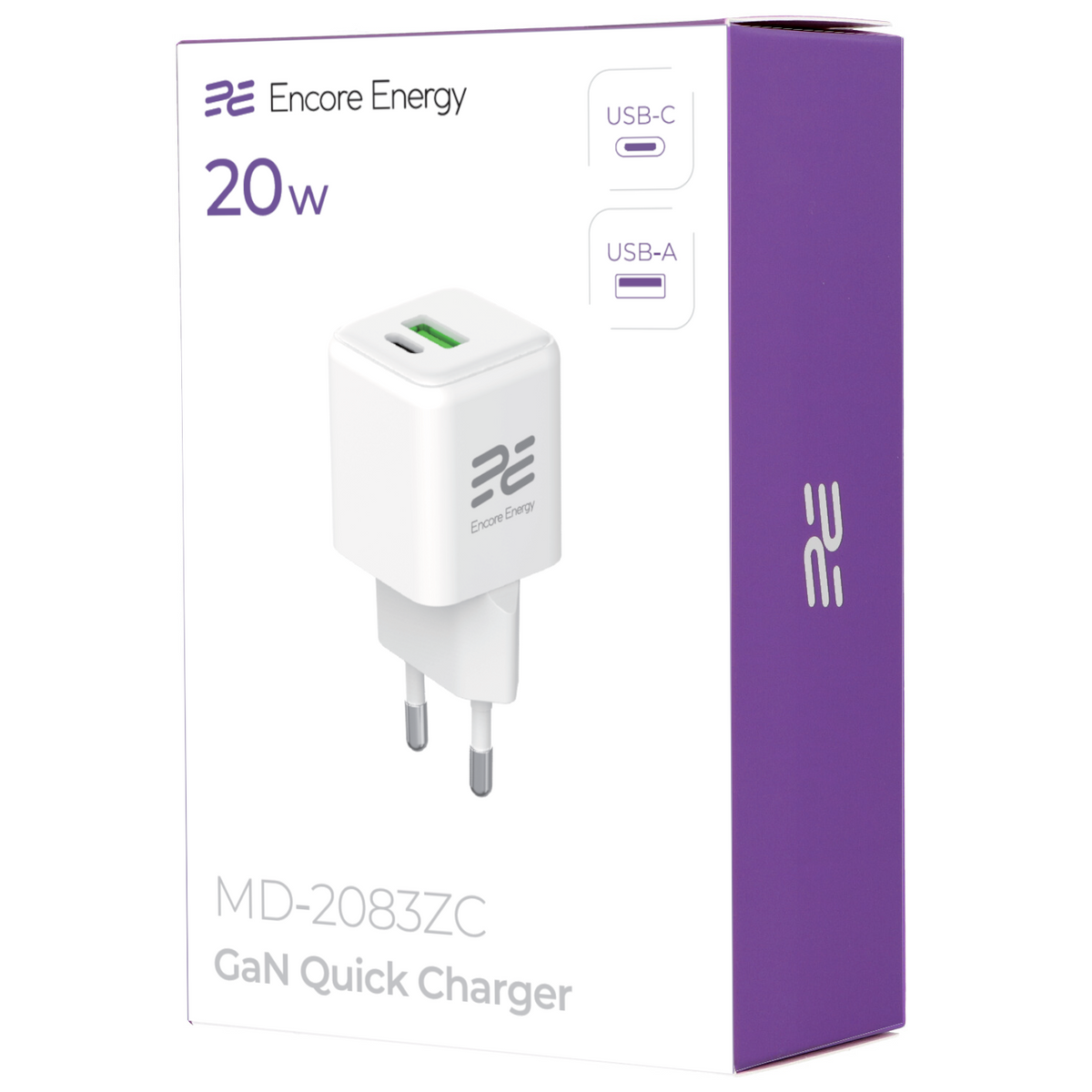 Biała ładowarka szybkiego ładowania GaN 20W Encore Energy z portami USB-C i USB-A.