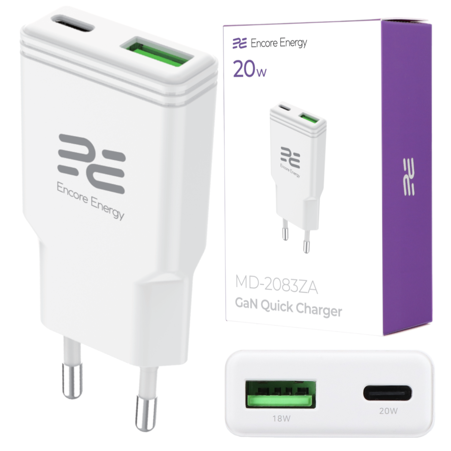 Biała ładowarka Encore Energy 20W GaN z dwoma portami USB i wtyczkami.