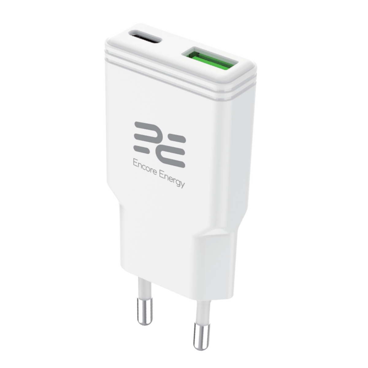 Biała ładowarka USB z dwoma portami i logo Encore Energy.