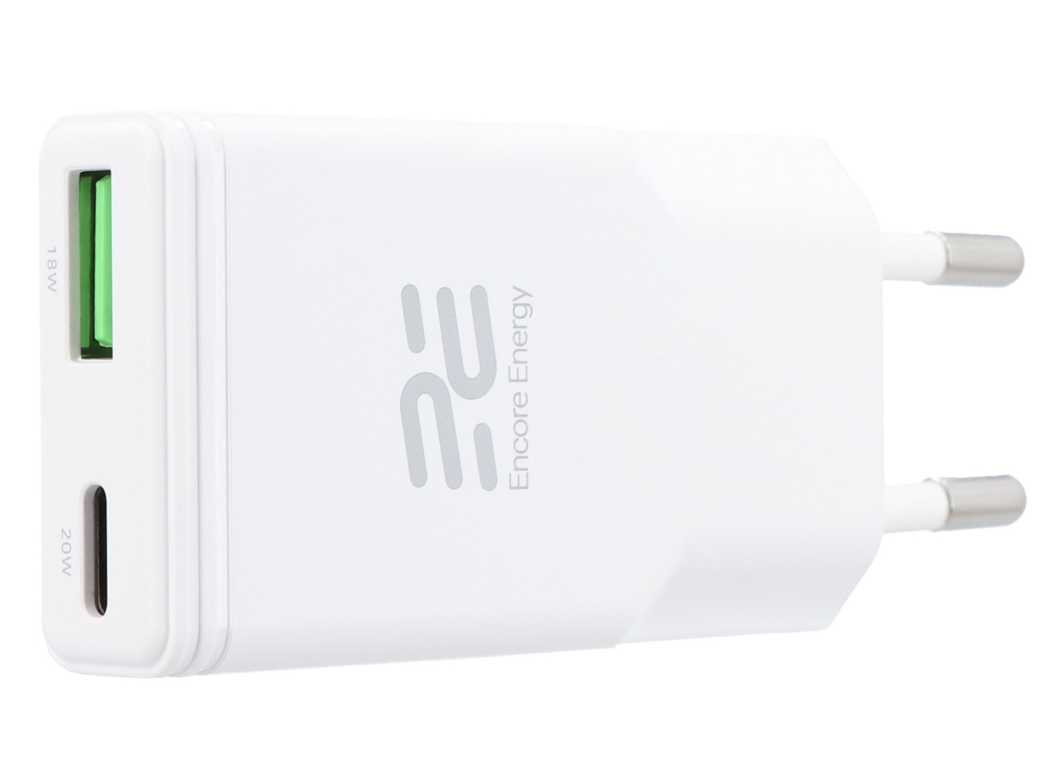 Biała ładowarka USB-C z jednym portem USB-A i jednym portem USB-C.