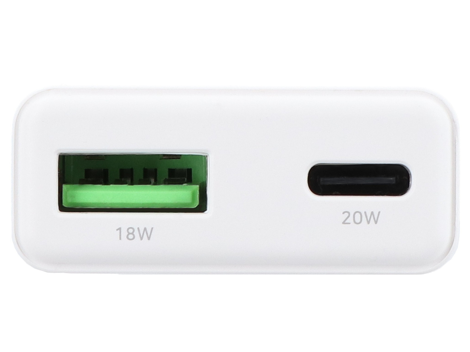 Biała ładowarka z jednym portem USB-A i jednym USB-C.