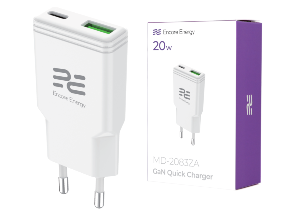 Biała ładowarka GaN 20W firmy Encore Energy z dwoma portami USB.