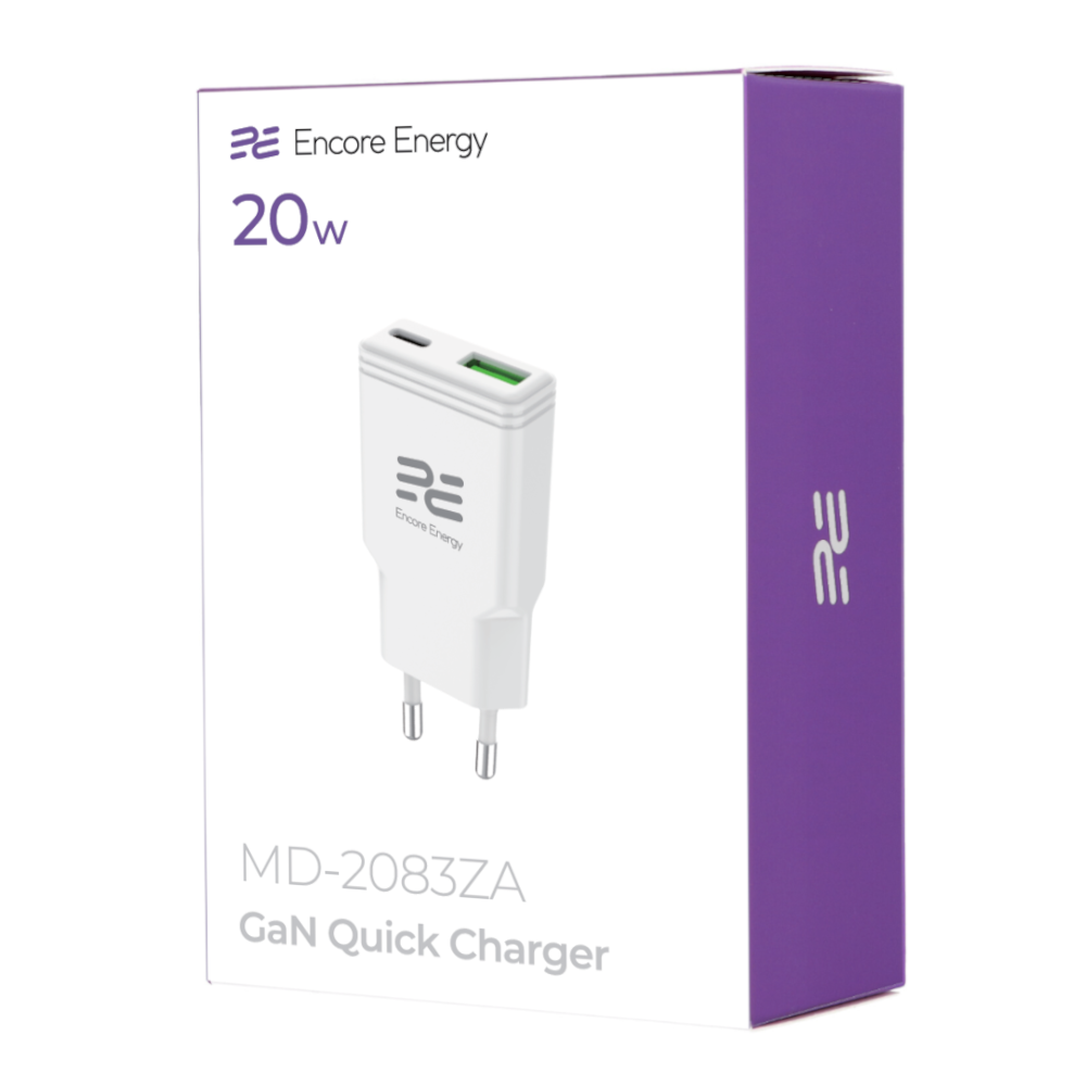 Biały zasilacz z dwoma portami USB na opakowaniu.