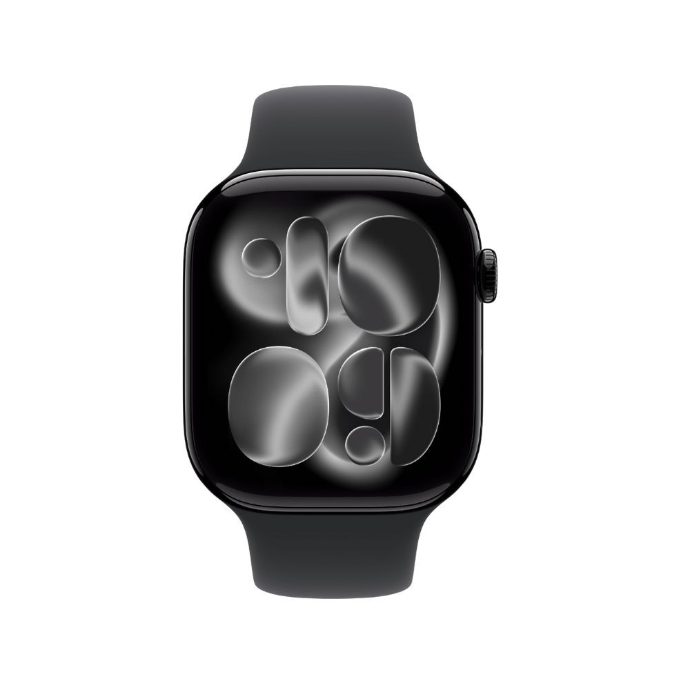 Uno smartwatch nero con quadrante scuro che mostra forme astratte. Design minimalista.