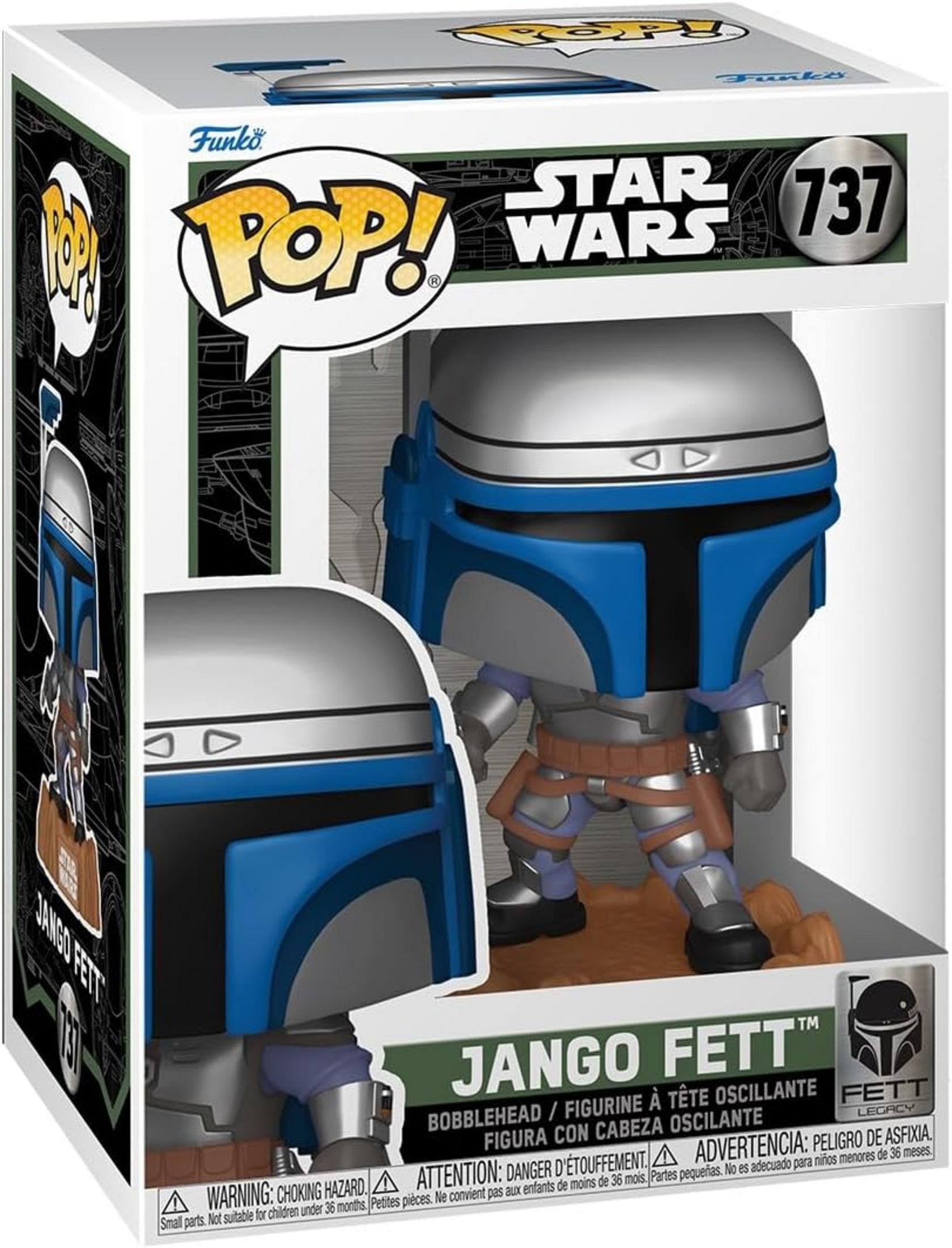 Action figure Funko Pop! Jango Fett nella sua scatola, armatura blu e argento.