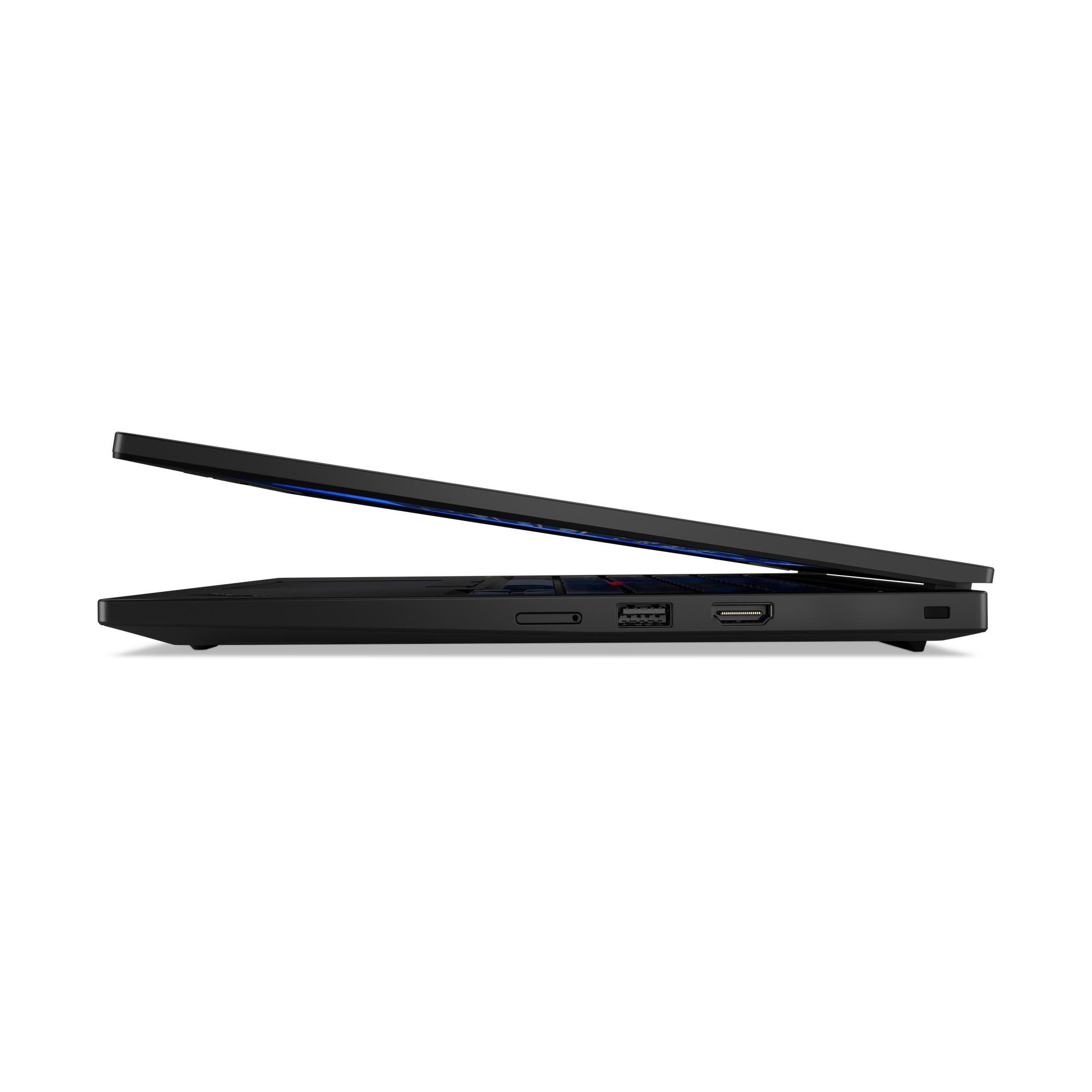 Laptop nero di profilo, leggermente aperto, con porte visibili.
