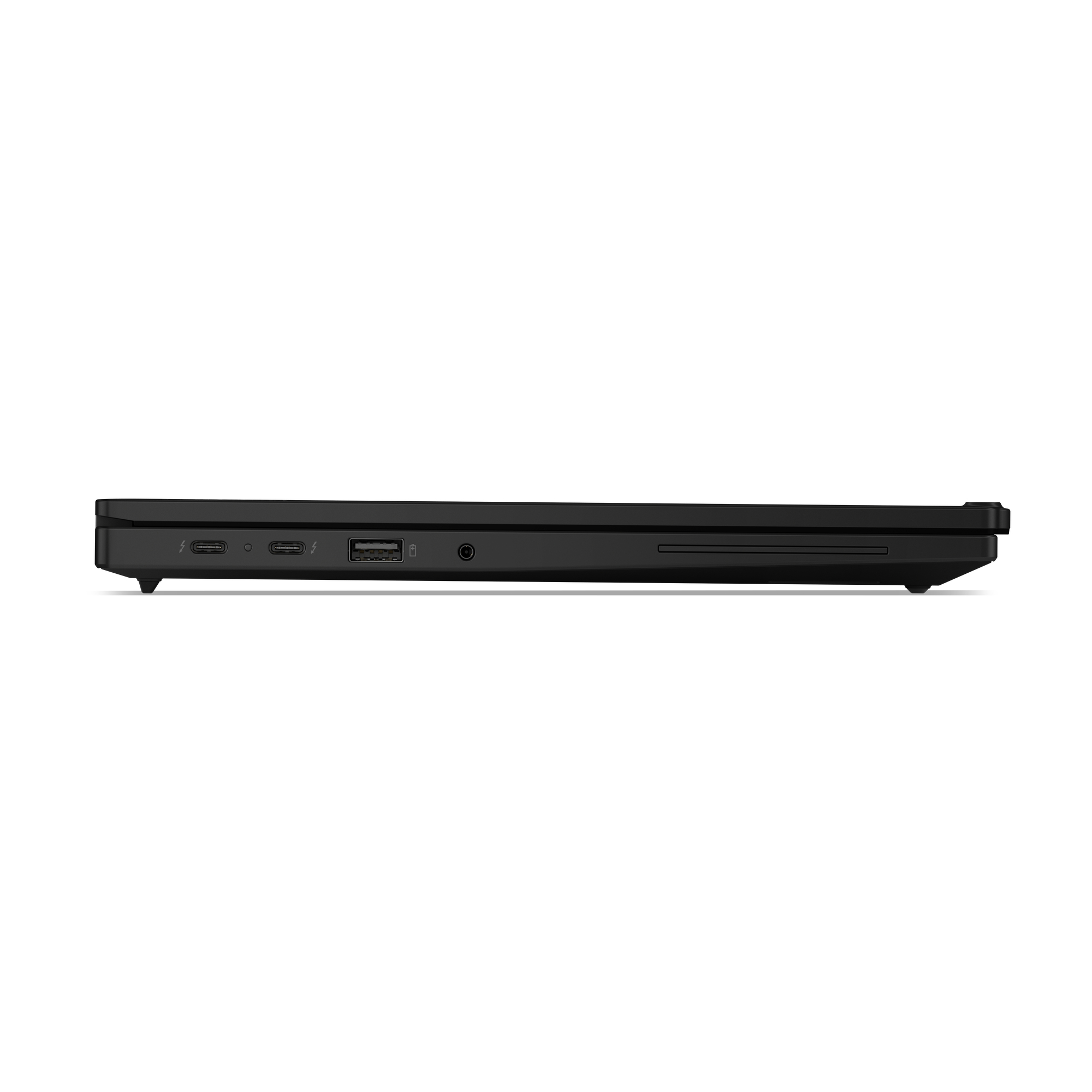 Laptop nero visto di lato, con porte USB-C e USB-A.