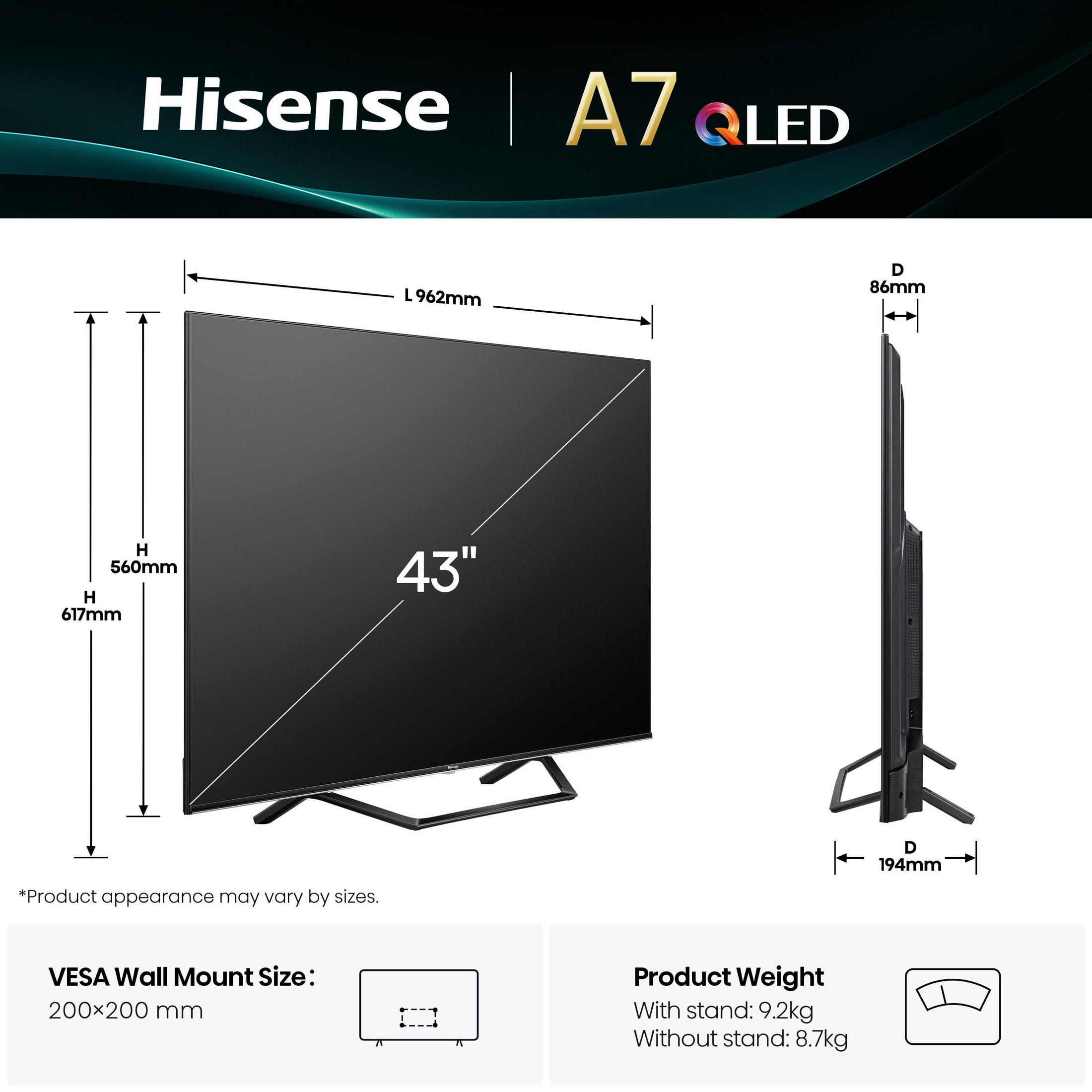 Ein 43-Zoll-Hisense-QLED-Fernseher mit Abmessungen und Gewicht.