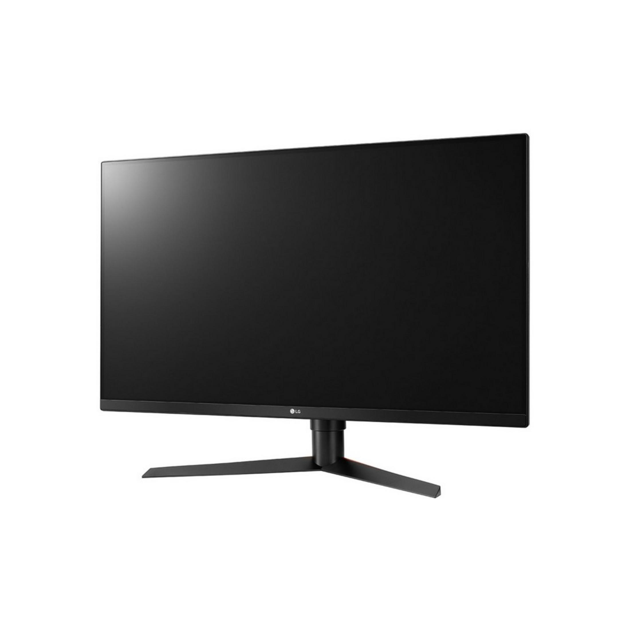 Un monitor LG nero con supporto a tre punte su sfondo bianco.
