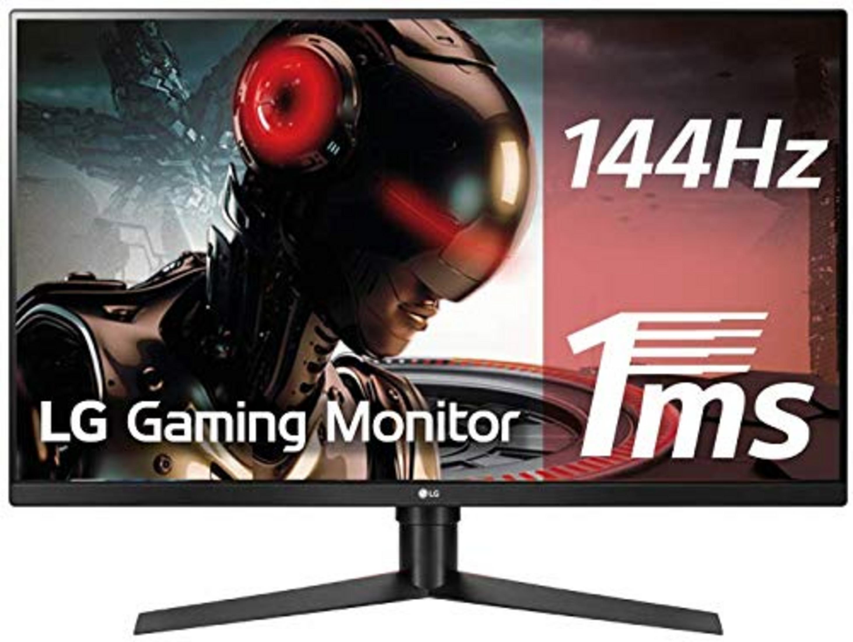 Monitor Gaming LG con 144Hz e 1ms di risposta, con personaggio sci-fi.