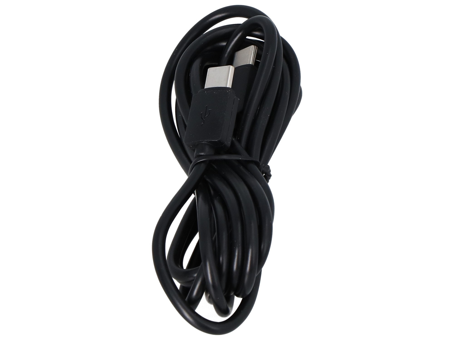 Czarny kabel USB-C, zwinięty, z widoczną jedną wtyczką.