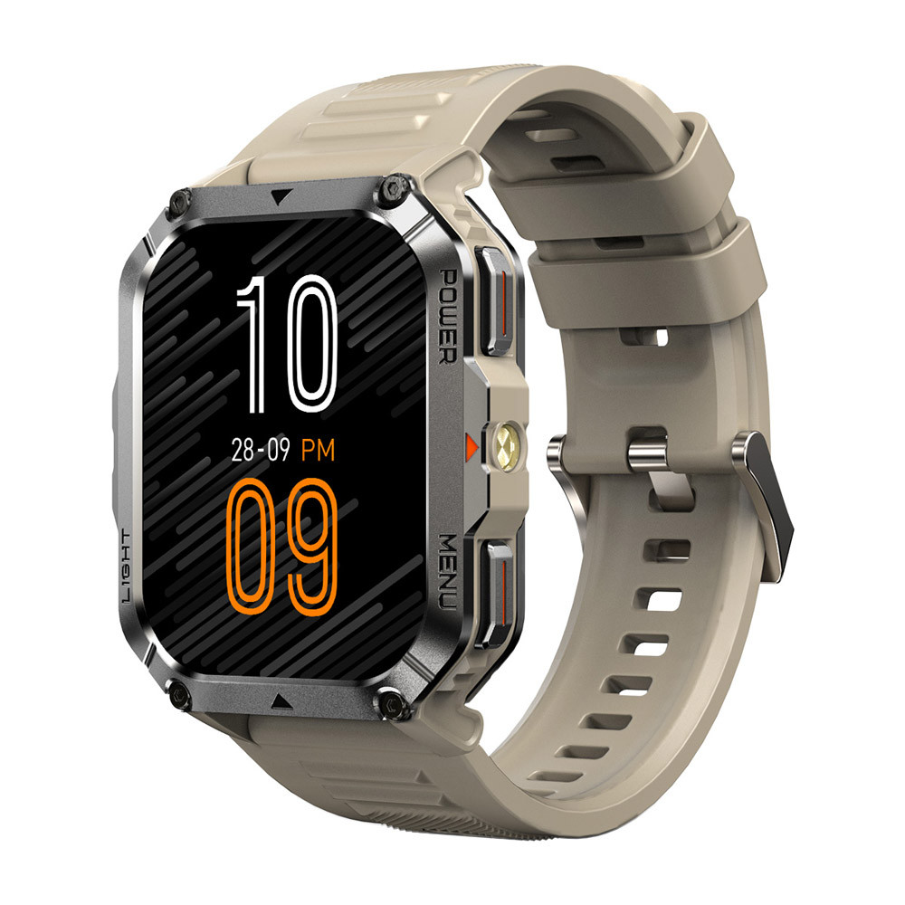 Uno smartwatch beige con schermo nero che mostra le 22:09 e la data 28-09.