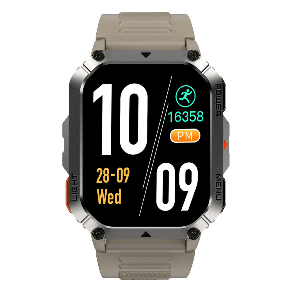 Smartwatch grigio con ampio display che mostra ora, data e contapassi.