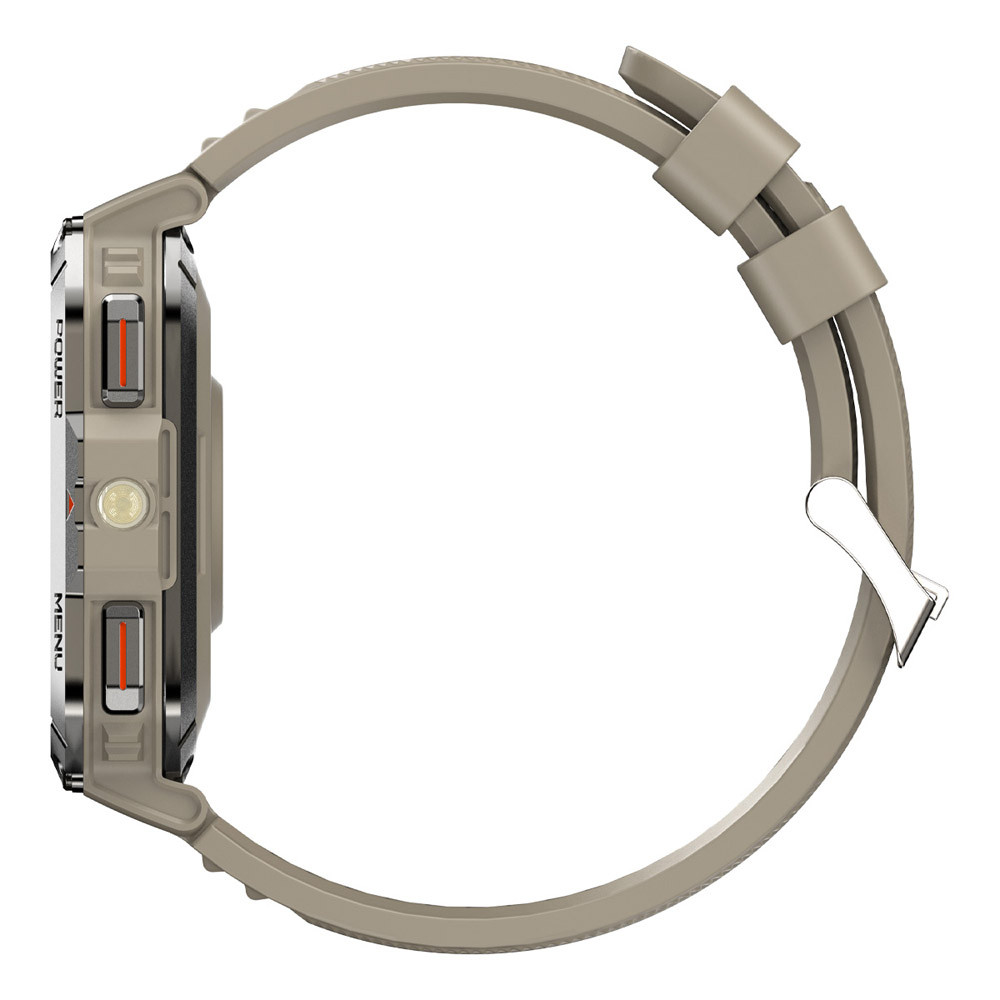 Vista laterale di uno smartwatch beige con pulsanti neri.