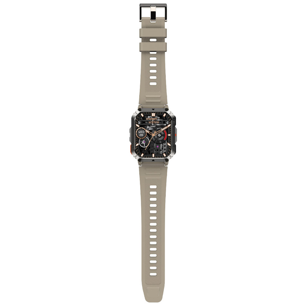 Uno smartwatch beige con quadrante quadrato e cinturino nero.