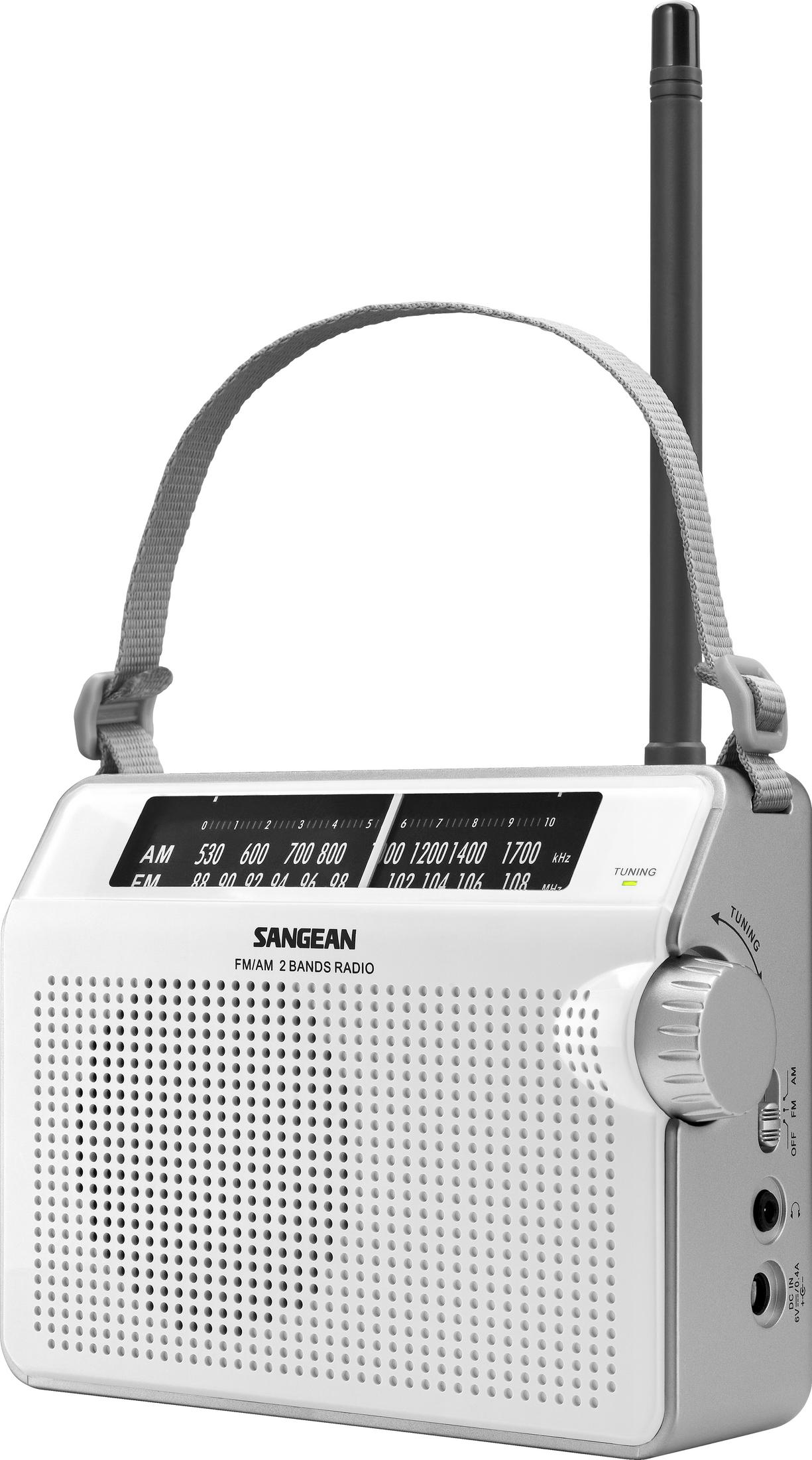 Una radio Sangean FM/AM a 2 bande bianca con manico in tessuto grigio e antenna telescopica.