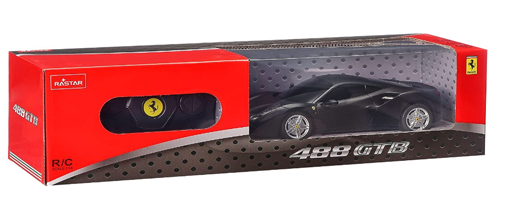 Czarny samochód na pilot Ferrari 488 GTB w czerwonym opakowaniu.