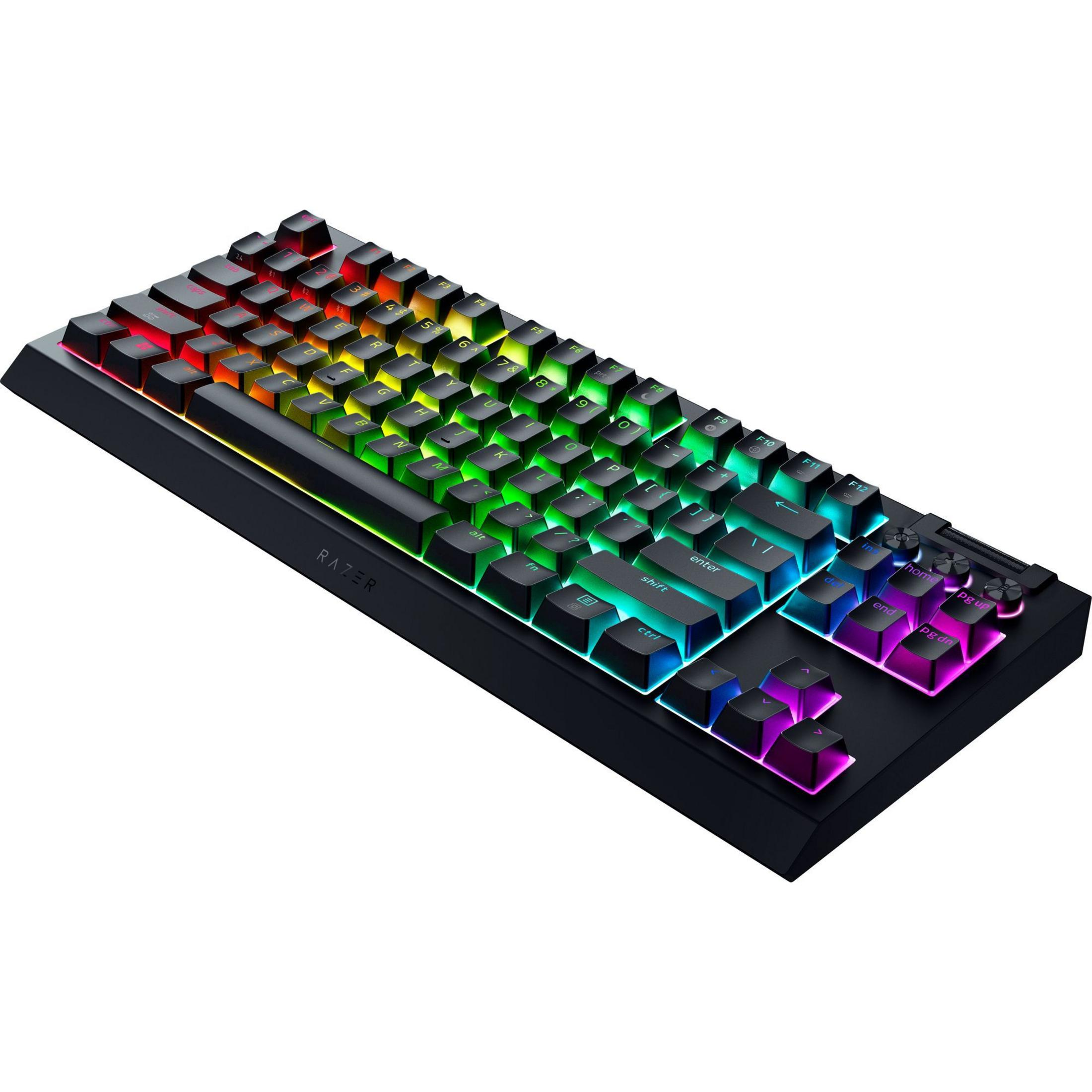 Teclado negro con iluminación RGB y logo de Razer.