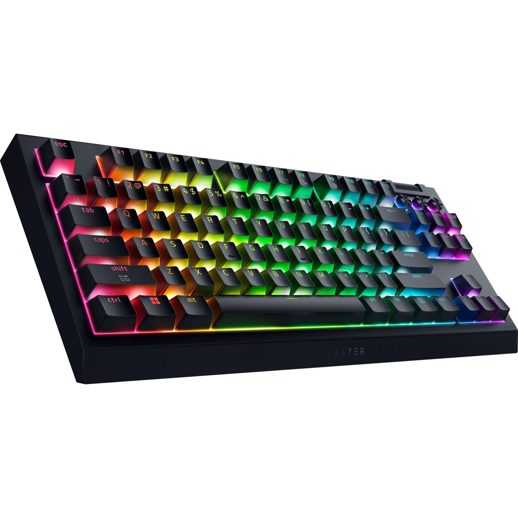 Teclado negro con iluminación RGB. Las teclas se iluminan en varios colores.