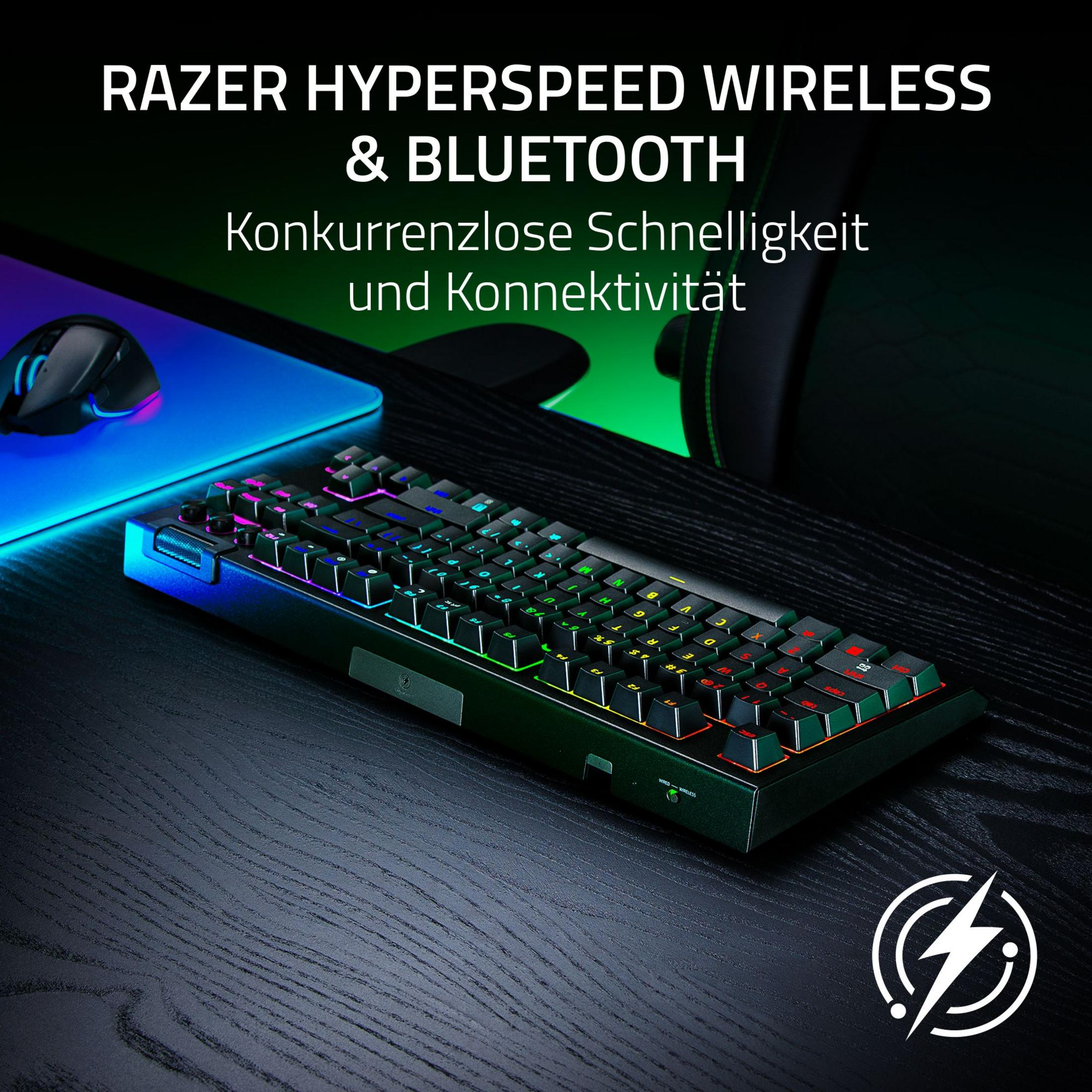 Un teclado y ratón gaming Razer con iluminación RGB sobre un escritorio.