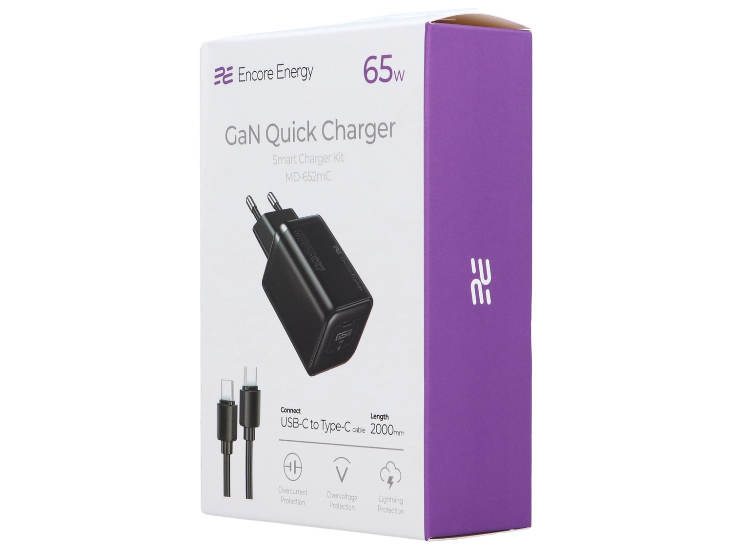 Pudełko szybkiej ładowarki GaN 65W z kablem USB-C do USB-C.