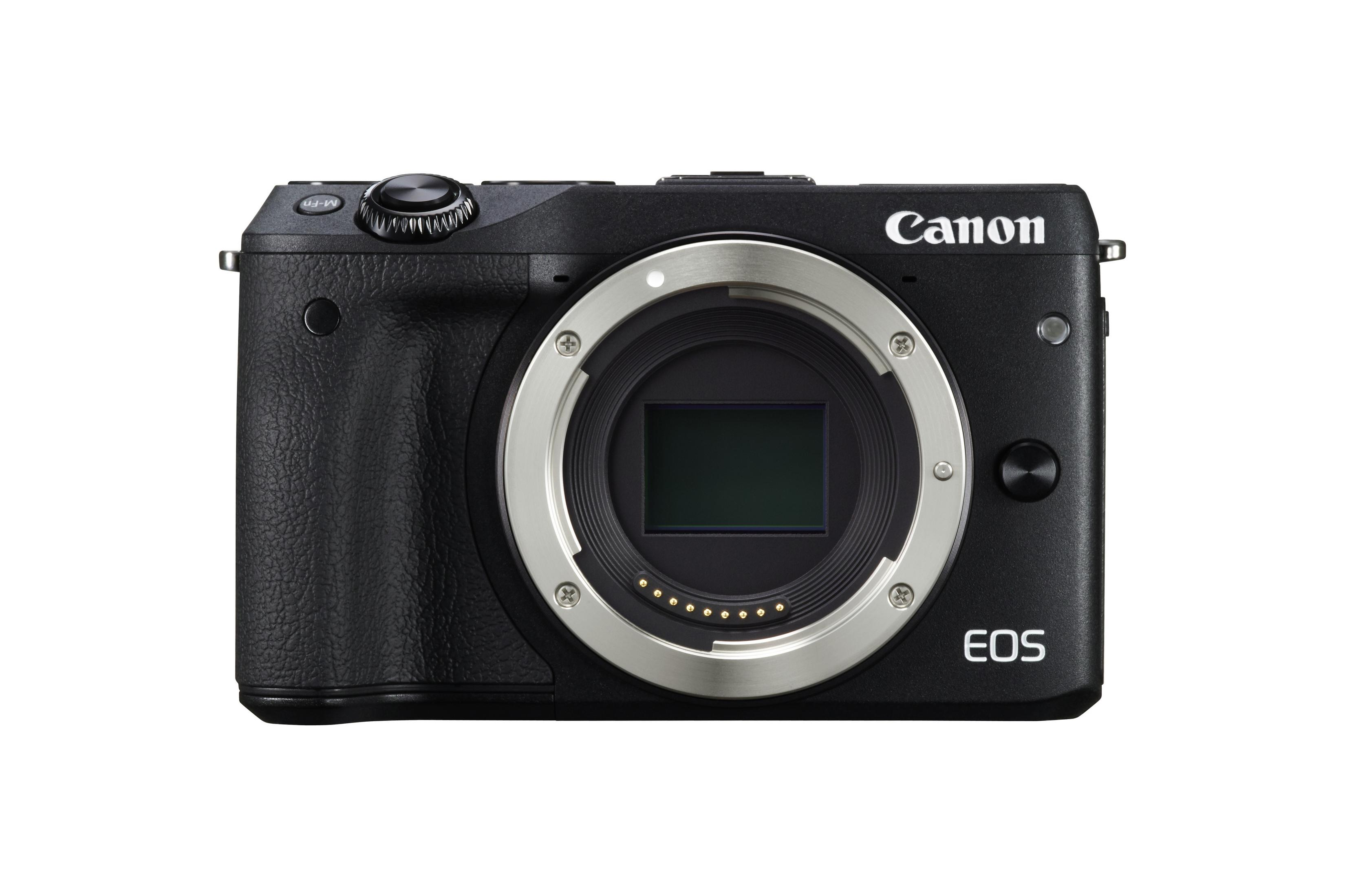 Schwarze Canon EOS Kamera mit silbernem Objektivring, von vorne.