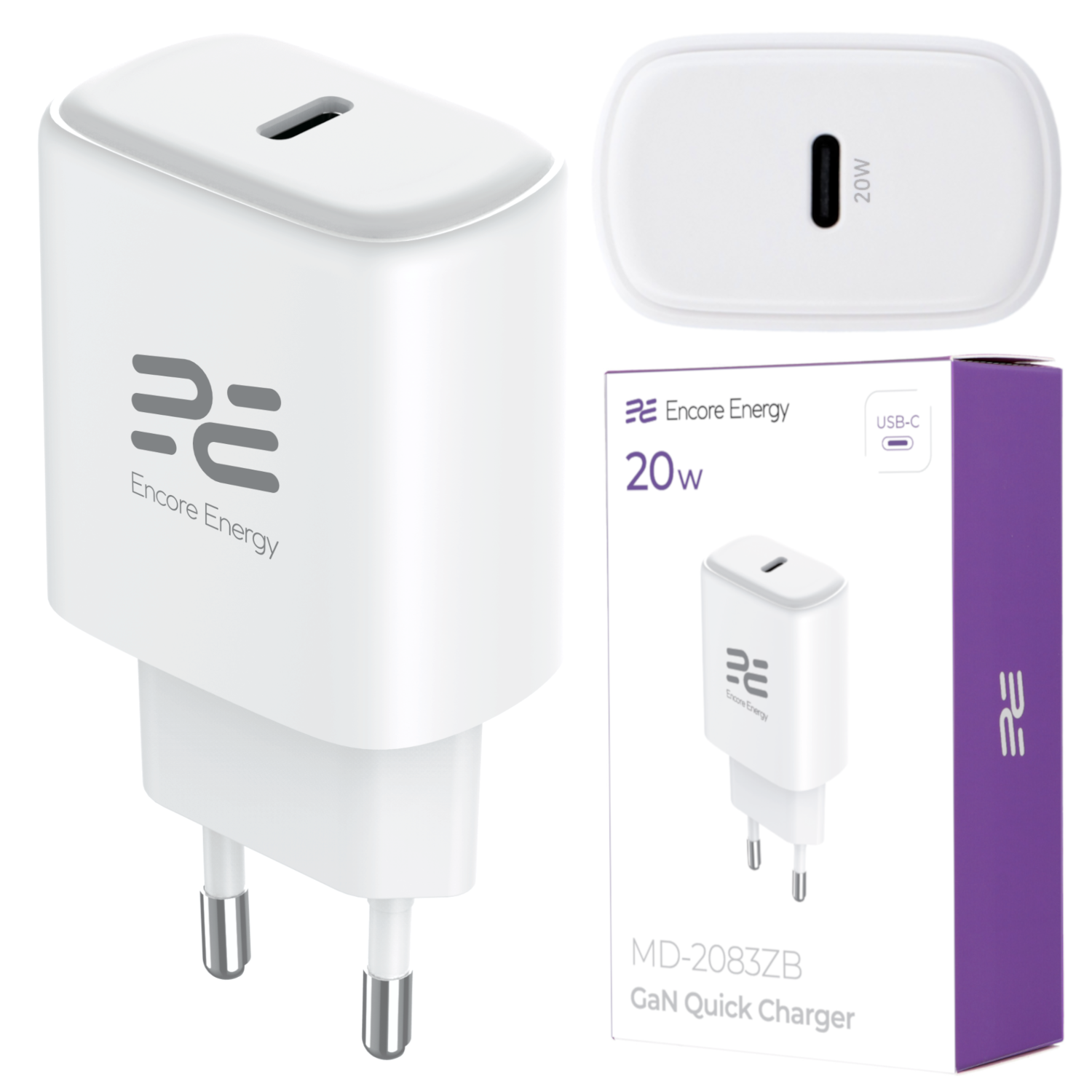 Biała ładowarka GaN 20W Encore Energy z portem USB-C.