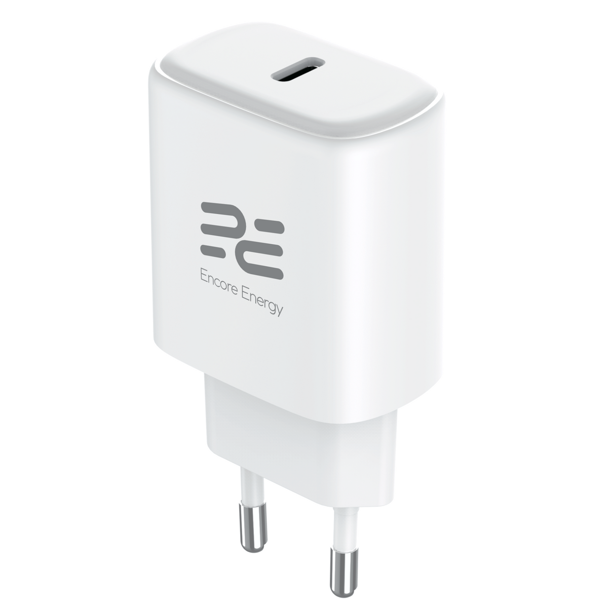 Biała ładowarka USB-C z szarym logo i napisem 'Encore Energy' na białym tle.