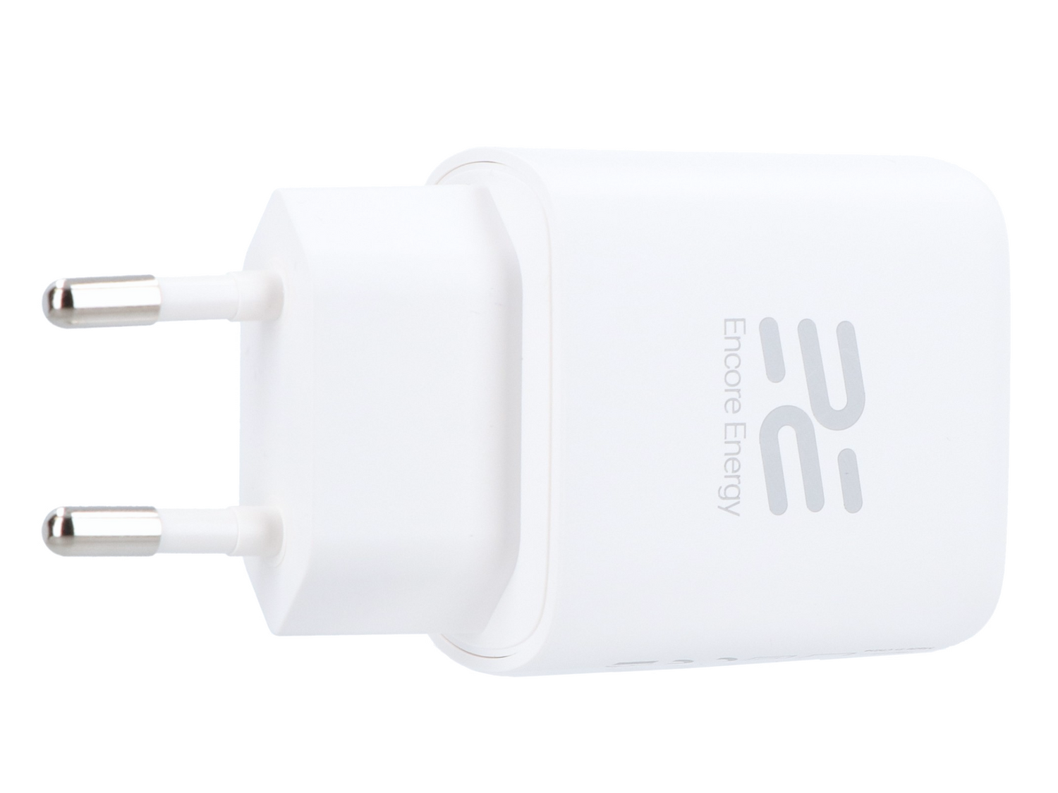 Biały adapter zasilający z dwoma srebrnymi bolcami i logo Encore Energy.