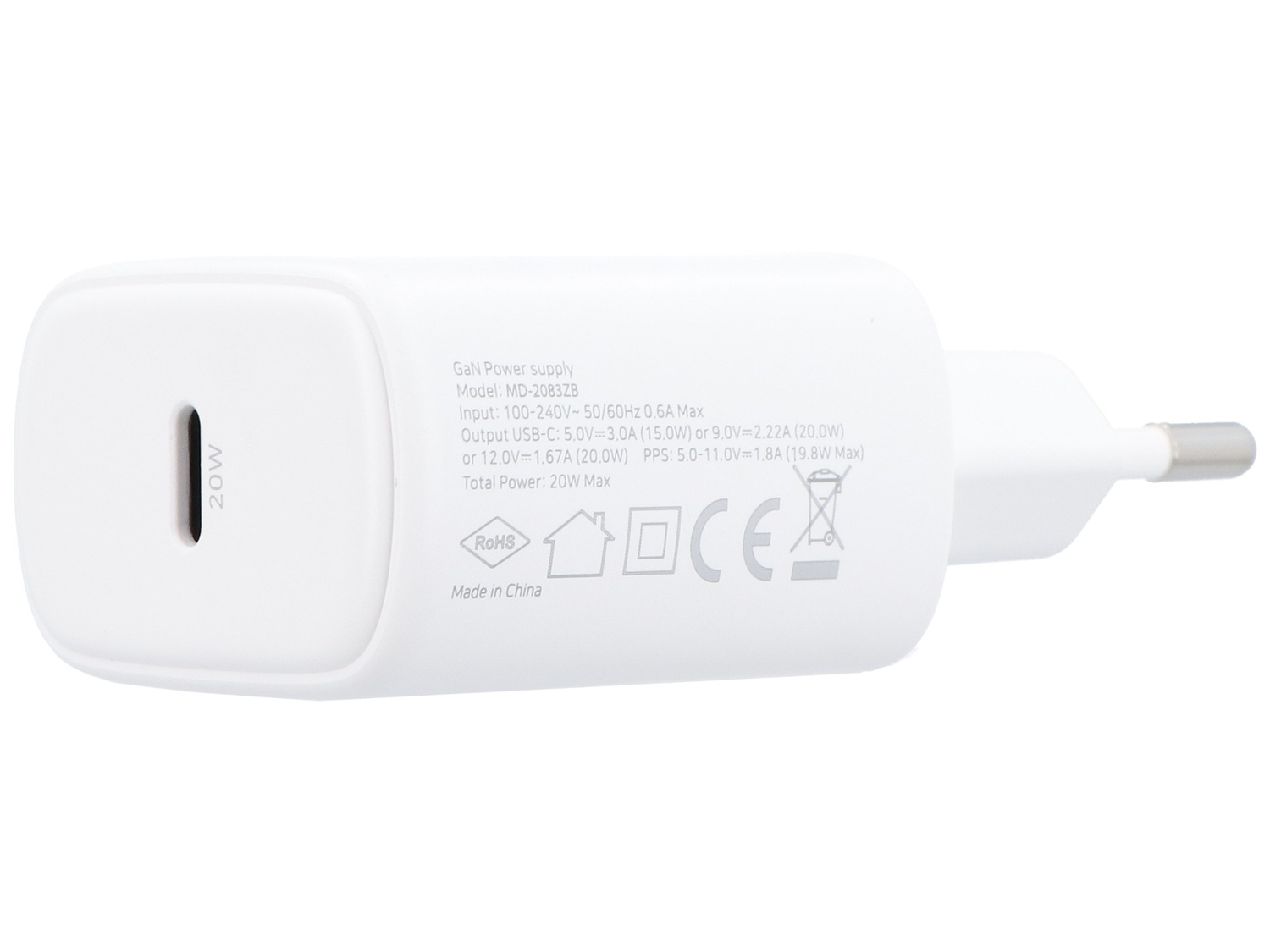 Biały zasilacz GaN 20W z portem USB-C i detalami.