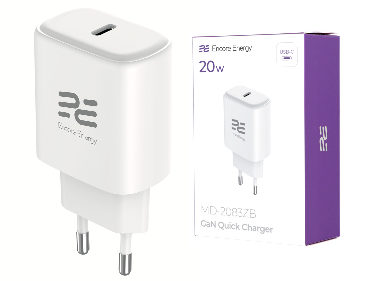 Biała ładowarka USB-C GaN 20W firmy Encore Energy z dwoma bolcami.