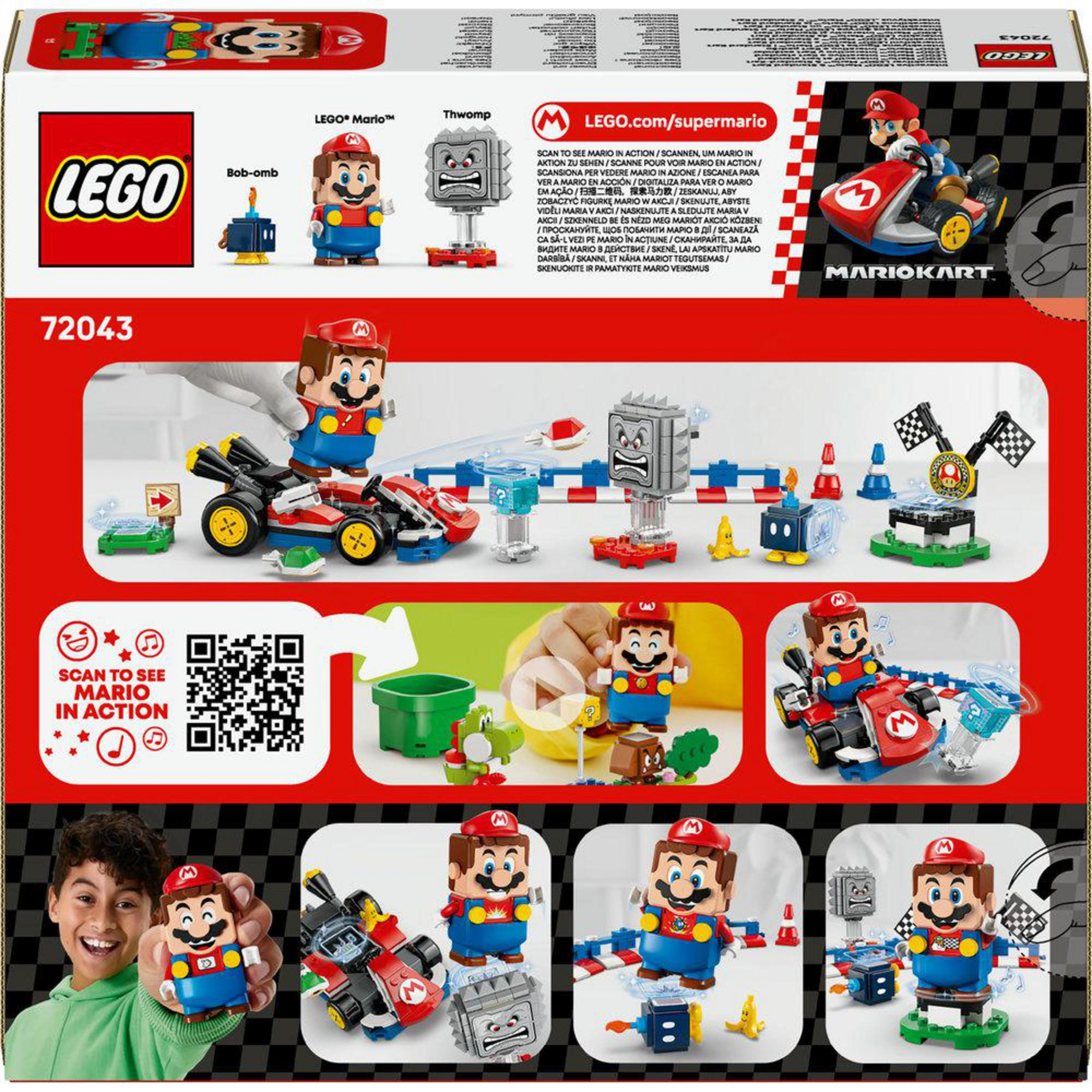 Confezione gioco LEGO Mario Kart con figure di Mario, Thwomp e Bob-omb.
