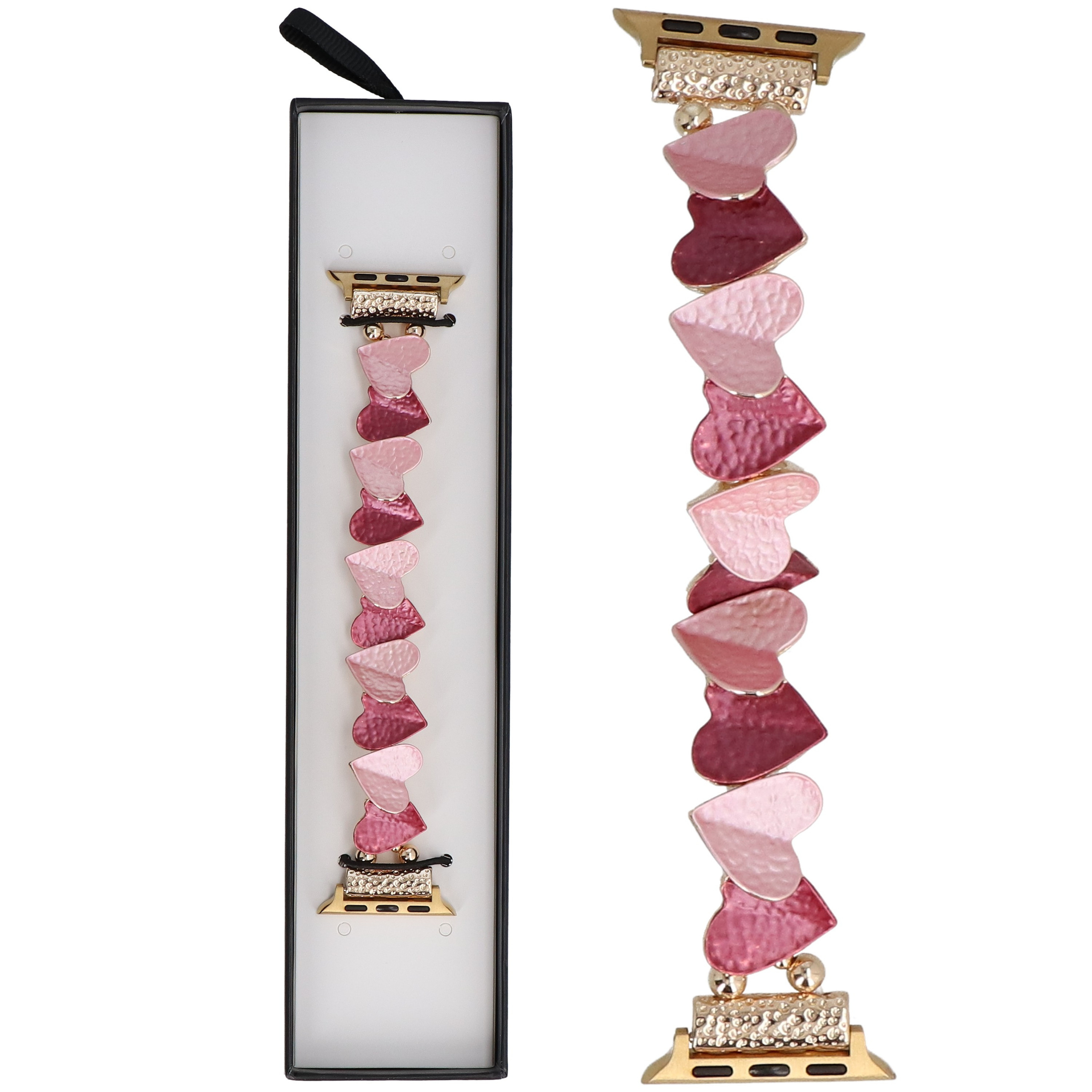 Złote paski do Apple Watch z różowymi i czerwonymi sercami oraz złotymi koralikami.