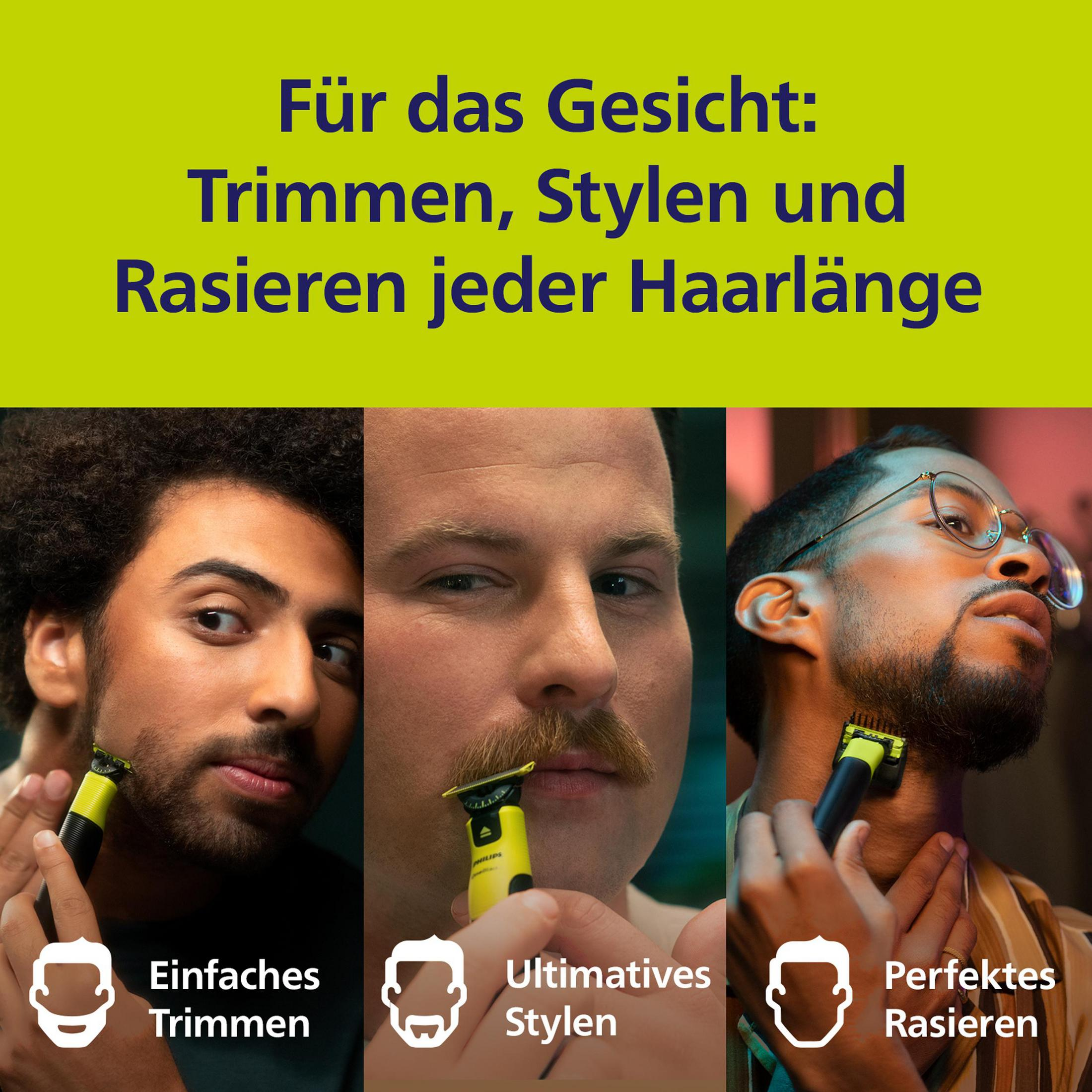 Drei Männer trimmen, stylen und rasieren ihr Gesicht mit einem Philips Trimmer.
