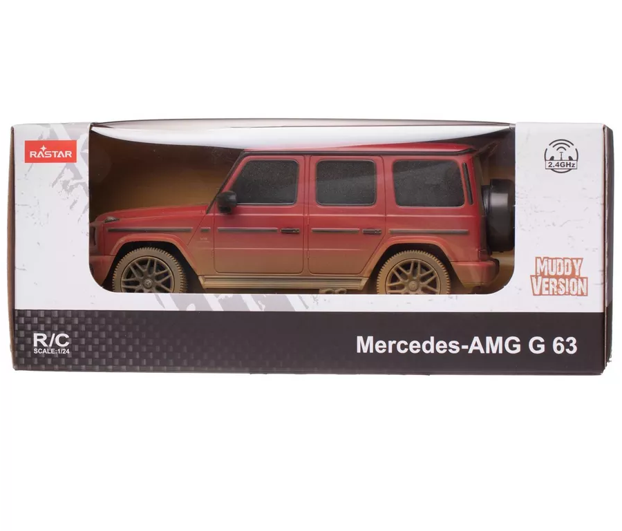 Błotnisty czerwony zdalnie sterowany samochód zabawka Mercedes-AMG G 63 w pudełku.