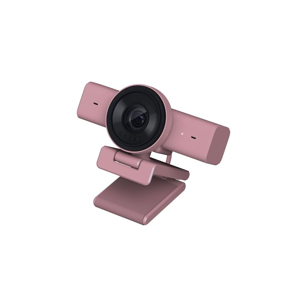 Una webcam rosa con obiettivo nero, montata su un supporto.