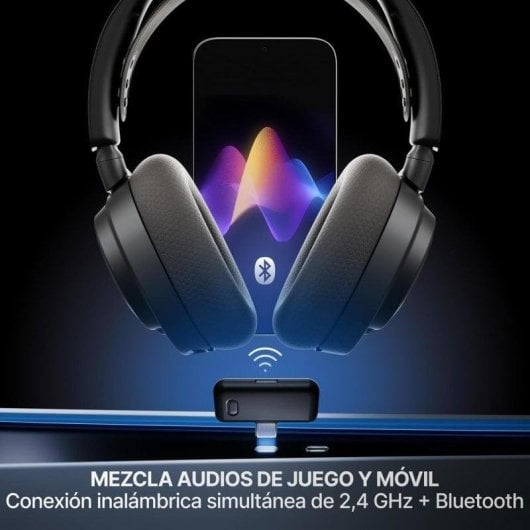 Auriculares inalámbricos con smartphone y adaptador mostrando un ecualizador.